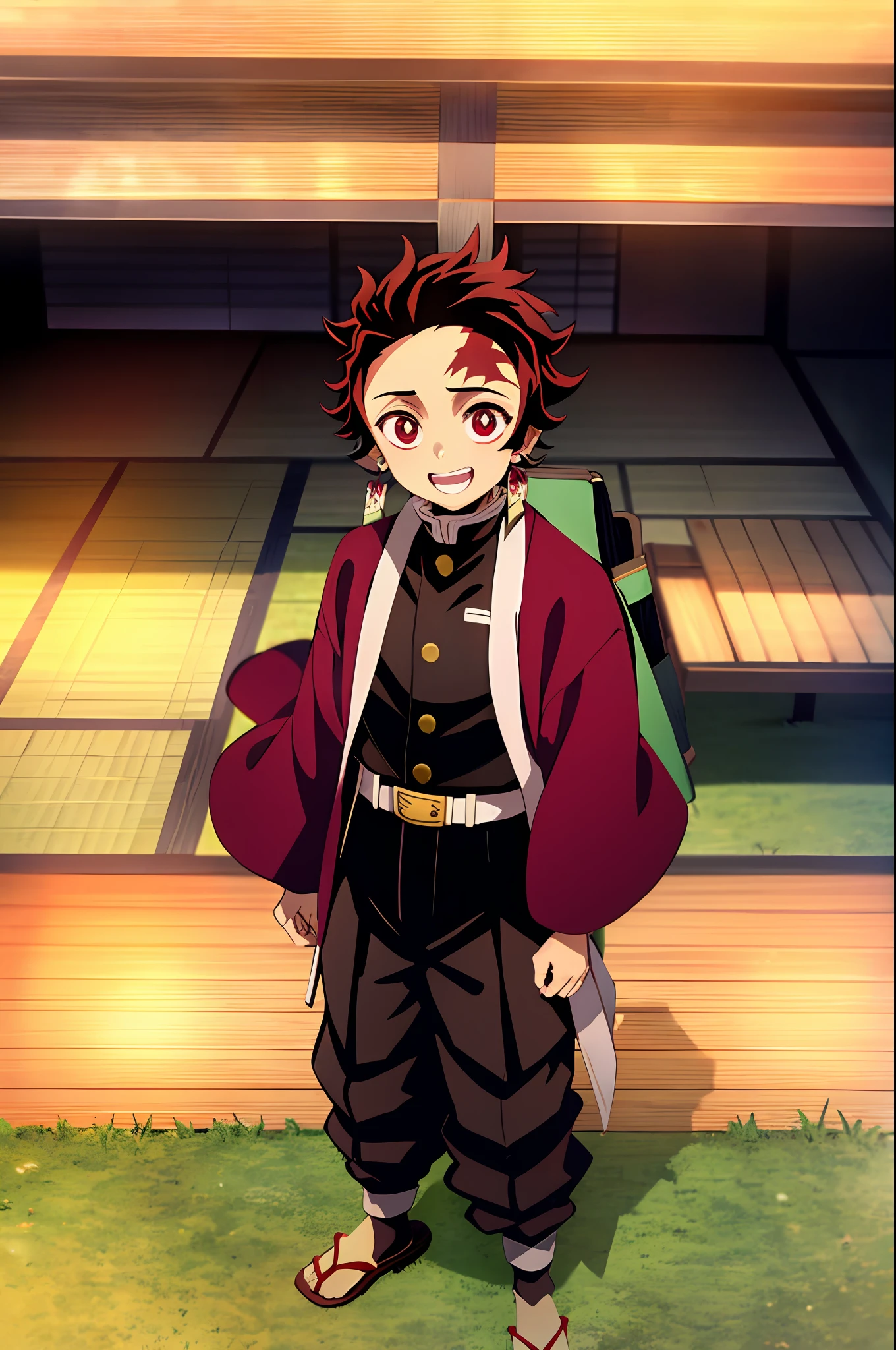 kimetsu no yaiba style, kamado tanjiro, demon slayer uniform, 1boy, male focus, scar on face, weapon, scar, earrings, teeth, jewelry, pants, scar on forehead, brown hair, belt, black pants, japanese clothes, haori, green haori, solo, red eyes, long sleeves, anime coloring, ((masterpiece)), happy face,