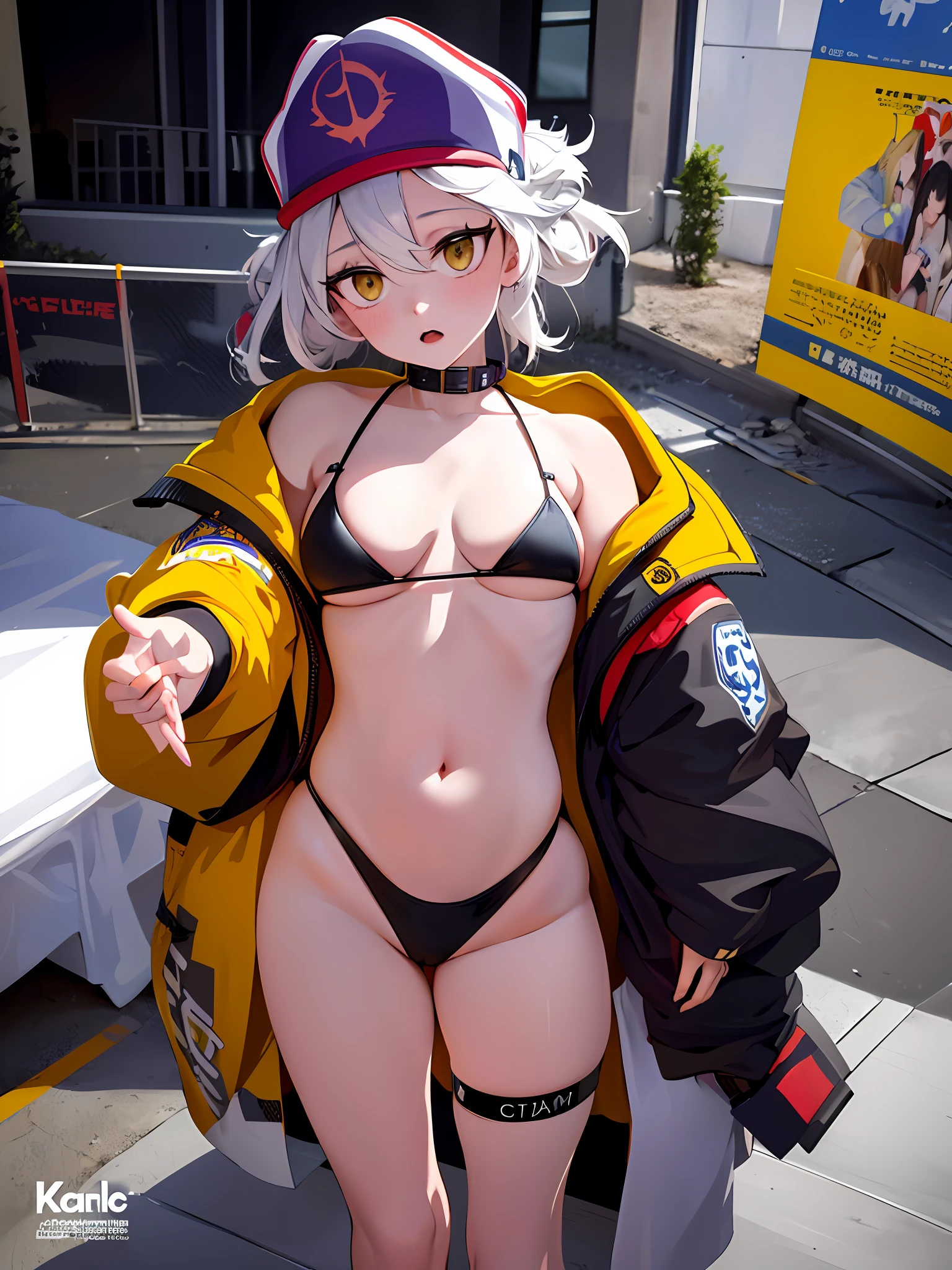 (masterpiece:1,2), best quality, masterpiece, highres, original, extremely detailed wallpaper, perfect lighting,(extremely detailed CG:1.2), drawing, paintbrush, Blush,puffy sleeves,Pale skin,silver_hair,Kanzashi,white eyes,Purple headwear,grey sleeves,thigh strap,high heels,choker,bikini,thong bikini,hand on hip,Sitting, ,shaded face ((((dramatic))), (((gritty))), (((intense))) film poster featuring a young woman as the central character. She stands confidently in the center of the poster, wearing a stylish and edgy outfit, with a determined expression on her face. The background is dark and gritty, with a sense of danger and intensity. The text is bold and attention-grabbing, with a catchy tagline that adds to the overall feeling of drama and excitement. The color palette is mainly dark with splashes of vibrant colors, giving the poster a dynamic and visually striking appearance,tachi-e (magazine:1.3), (cover-style:1.3), fashionable, woman, vibrant, outfit, posing, front, colorful, dynamic, background, elements, confident, expression, holding, statement, accessory, majestic, coiled, around, touch, scene, text, cover, bold, attention-grabbing, title, stylish, font, catchy, headline, larger, striking, modern, trendy, focus, fashion,