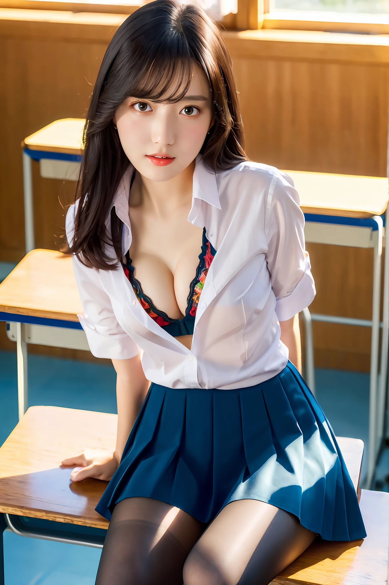 masterpiece, top quality, ultra high definition, colorful, flat color, depth of field, lens flare

1 girl, sitting, black hair, watching viewer, school, classroom, pleated mini skirt, black pantyhose, detailed touch, detailed fabric texture, beautiful detailed face, 30 year old beauty, adult atmosphere, bra, exposure