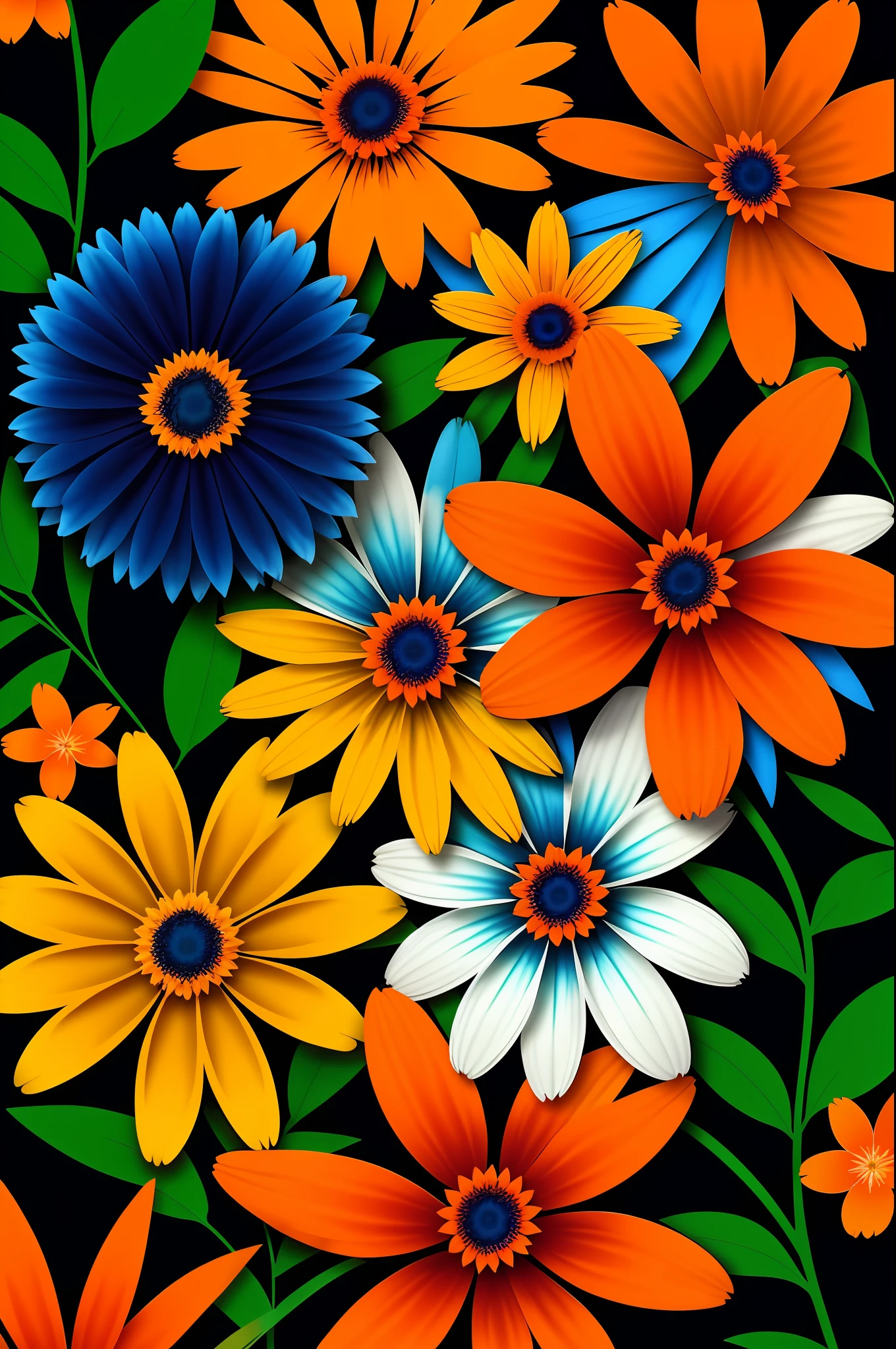 There are many different colored flowers that are in the picture, orange and blue colors, strong blue and orange colors, blue and orange, blue and orange tones, blue and orange palette, orange and blue tones, orange and blue, blue and orange color scheme, bright color flowers, orange and blue color scheme, some oranges and blues,  colorful flowers, beautiful flowers, Primary: #375D81 (dark blue) Secondary: #82A6C0 (light blue) Highlighted: #FF7F50 (orange) Complementary: #D4AF37 (aged gold) Neutral 1: #FFFFFF (white) Neutral 2: #000000 (Black) 1:1