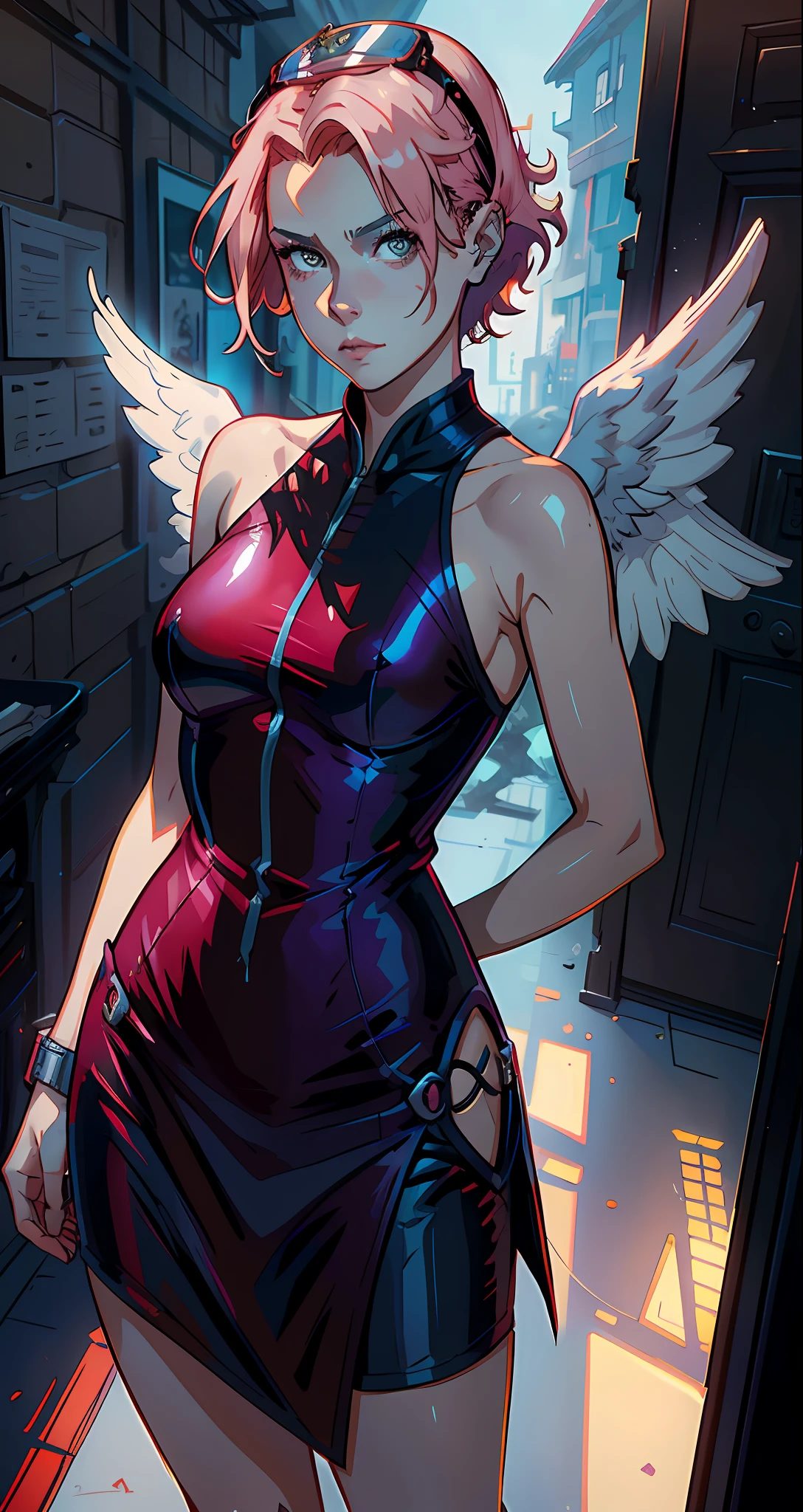 Queen of angels, beautiful woman, seductive, ((forehead the show)), standing, with wings protruding from her back, sexy eyes, red dress, forehead to show, queen, pink hair, delicate, young, short hair, full body, from League of Legends, trend in artstation, by rhads, andreas rocha, rossdraws, makoto shinkai, laurie greasley, lois van baarle, ilya kuvshinov and greg rutkowski