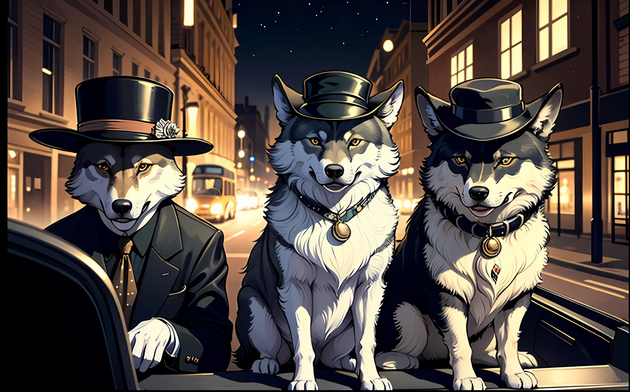 (best quality, masterpiece1.2), (detailed eye:1.2), intricate detail, (depth of field:1.3) vehicles in the background of the 80's London night scene, a pack of wolves posing vintage photo with black tuxedos and hats