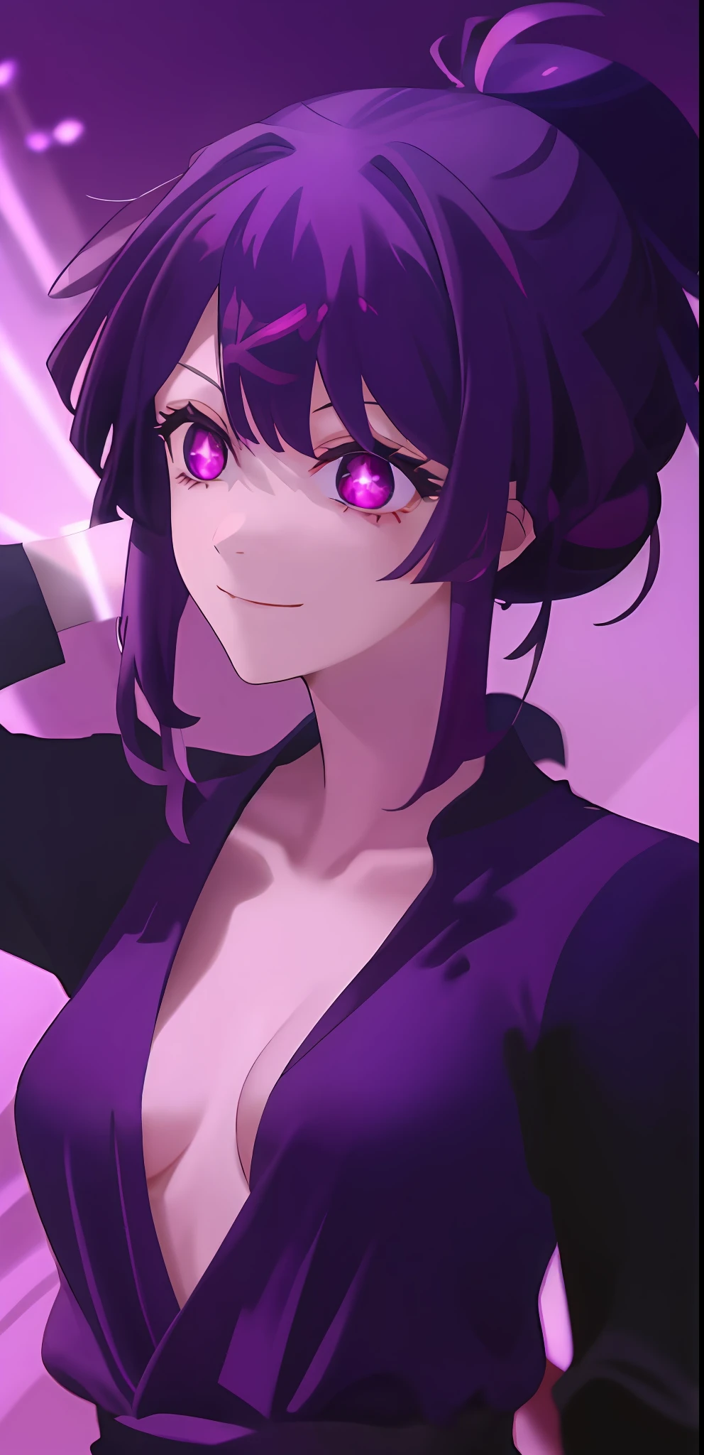 1 girl, solo, spiky hair bun, purple hair, medium hair, purple eyes, glowing eyes, revealing purple clothing, large breast, small smile, forest, dense forest