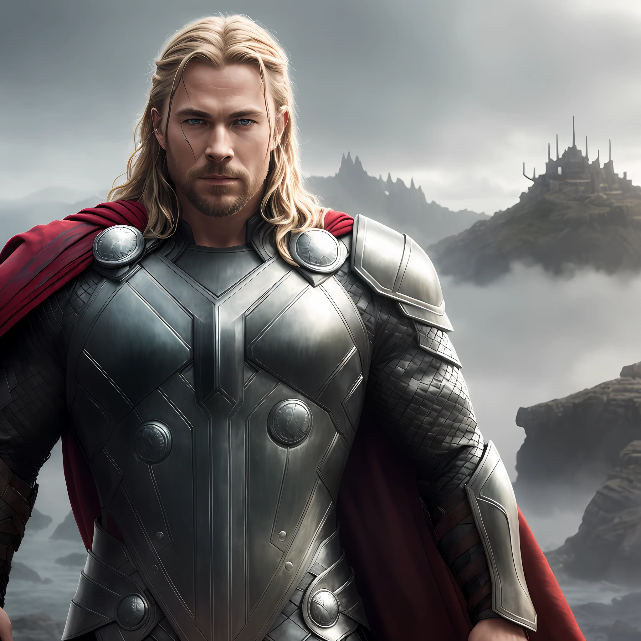 thor, armor, , face,foggy background, realistic epic, rutkowski, hdr, intricate details, hyperdetailed, cinematic, rim light, muted colors, 4k,UHD, HD