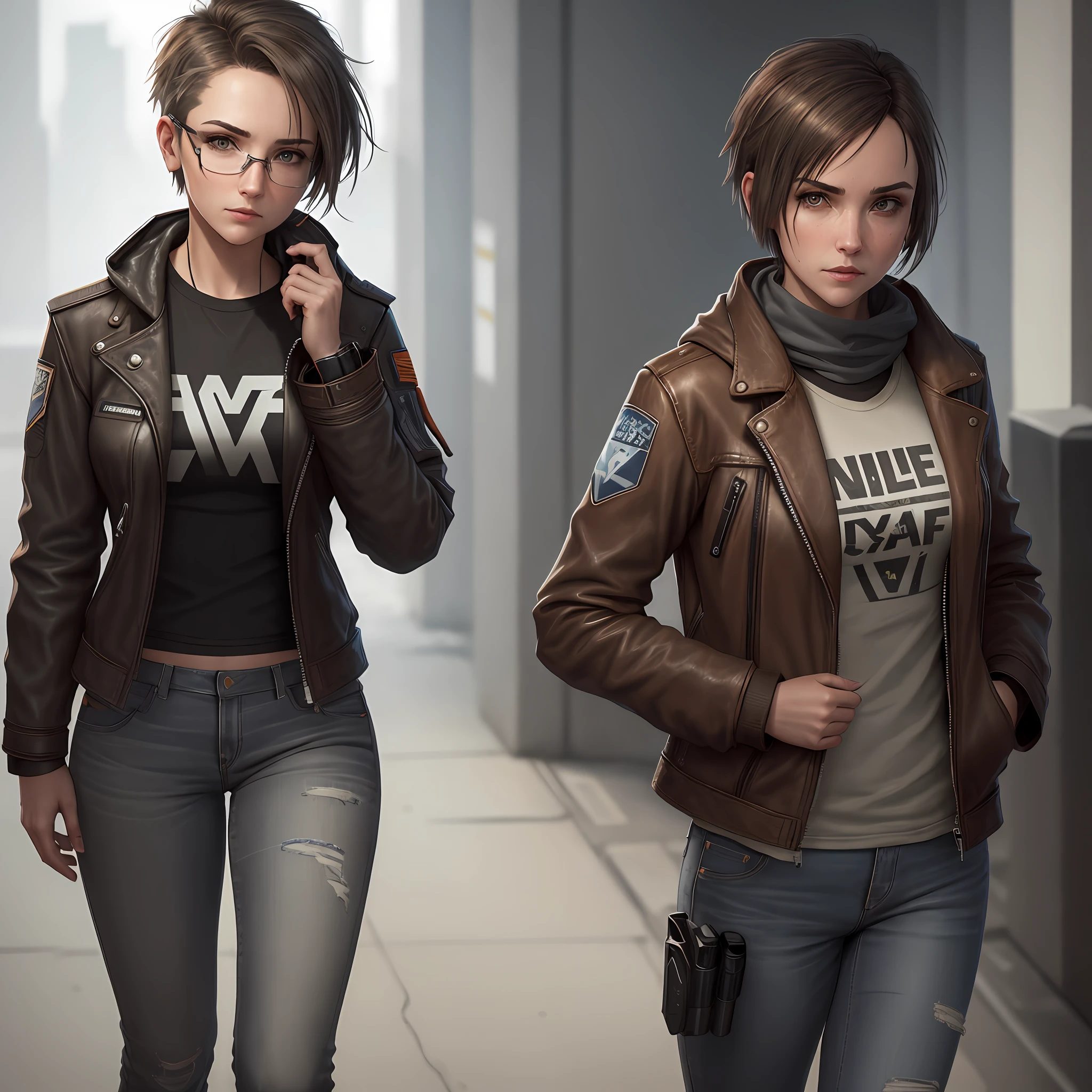 Alyx Vance, Half Life 2, Full body, 9mm pistol in right hand, no glasses, brown leather jacket up to midarm, jeans, light gray t-shirt, alone, short hair with a dark brown strap around the head, citadel, high quality, masterciece