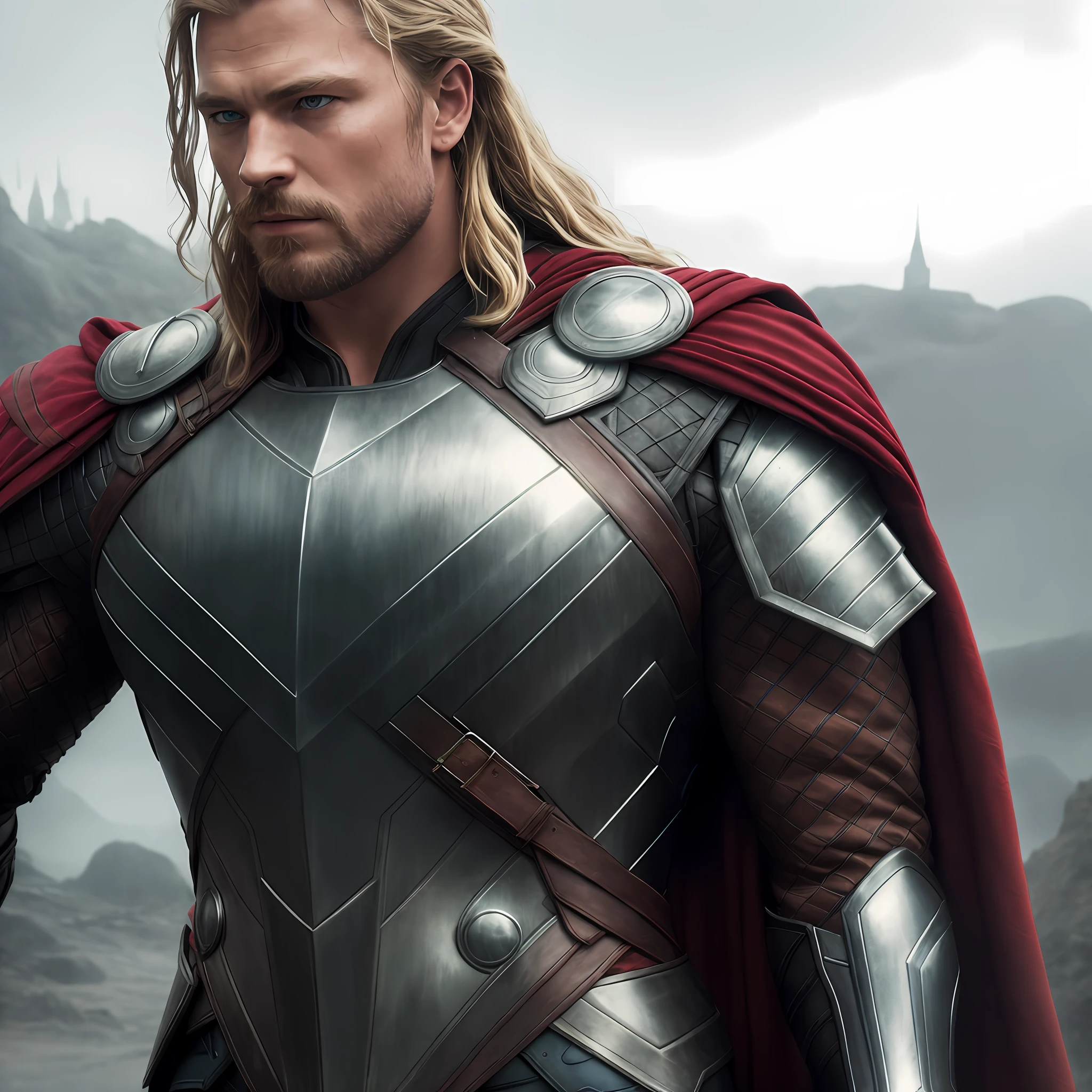 thor, armor, chest, face,foggy background, realistic epic, rutkowski, hdr, intricate details, hyperdetailed, cinematic, rim light, muted colors, 4k,UHD, HD