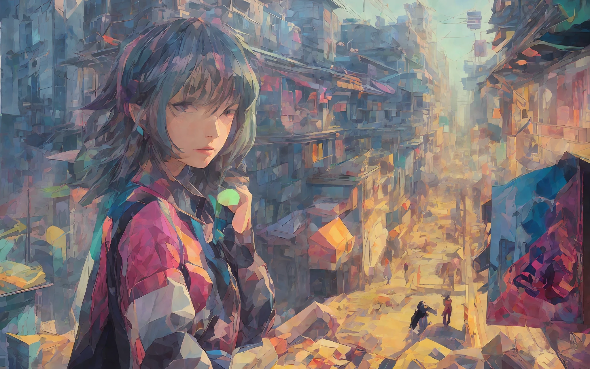 Martina Joanna painting depicting modern urban princess, portrait, minimalism, bold colors, sharply detailed, highly stylized anime illustration, hyper - detailed illustrations, modern, vibrant colors, ultra detailed, acrylic painting, trending on fanbox pixiv, palette knife and brushstrokes, Makoto Shinkai style jamie wit james gillyard edward hopper gregg rutkowski studio ghibli genshin influence, low poly, isometric art, 3d art, high detail, artstation, concept art, behance, ray tracing, smooth, sharp focus, ethereal lighting