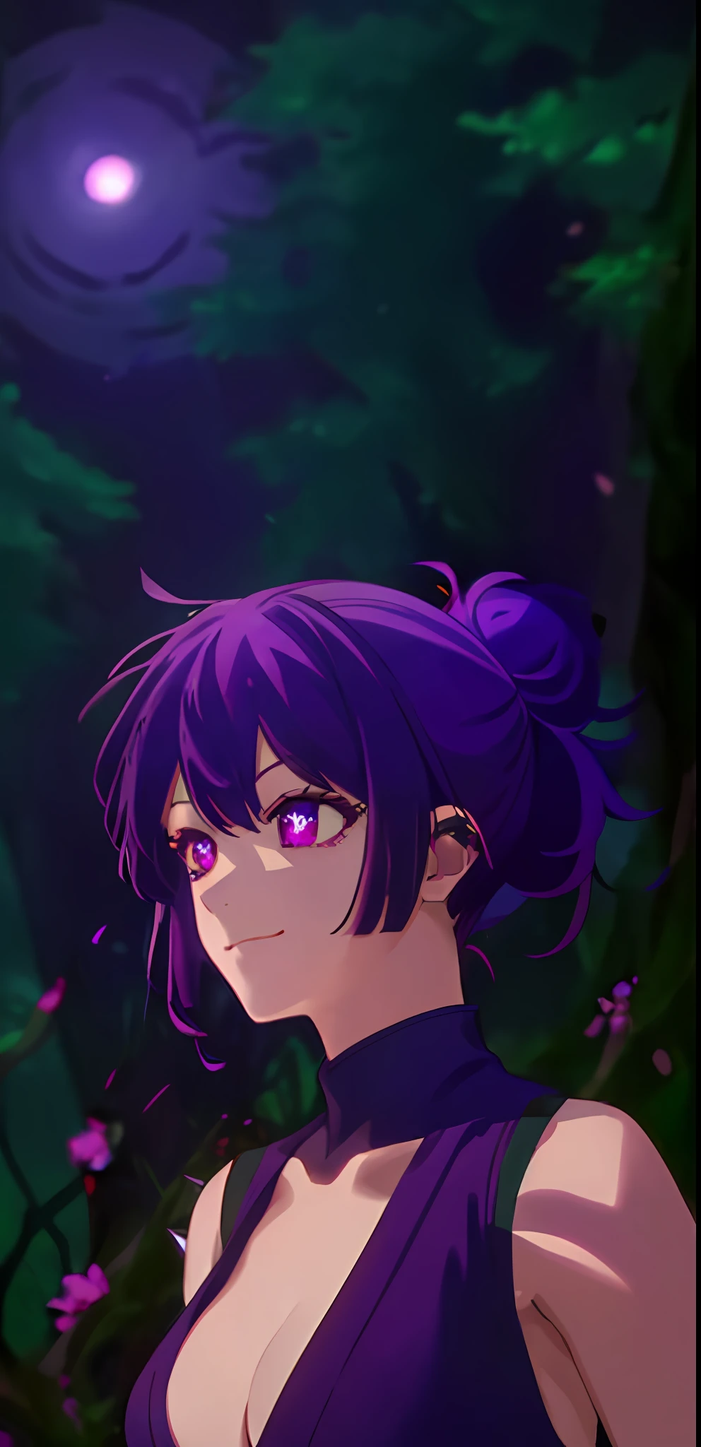 1 girl, solo, spiky hair bun, purple hair, medium hair, purple eyes, glowing eyes, revealing purple clothing, large breast, small smile, forest background, dense forest background, moonlight illuminating, moonlight, yuzuriha clothing, revealing outfit