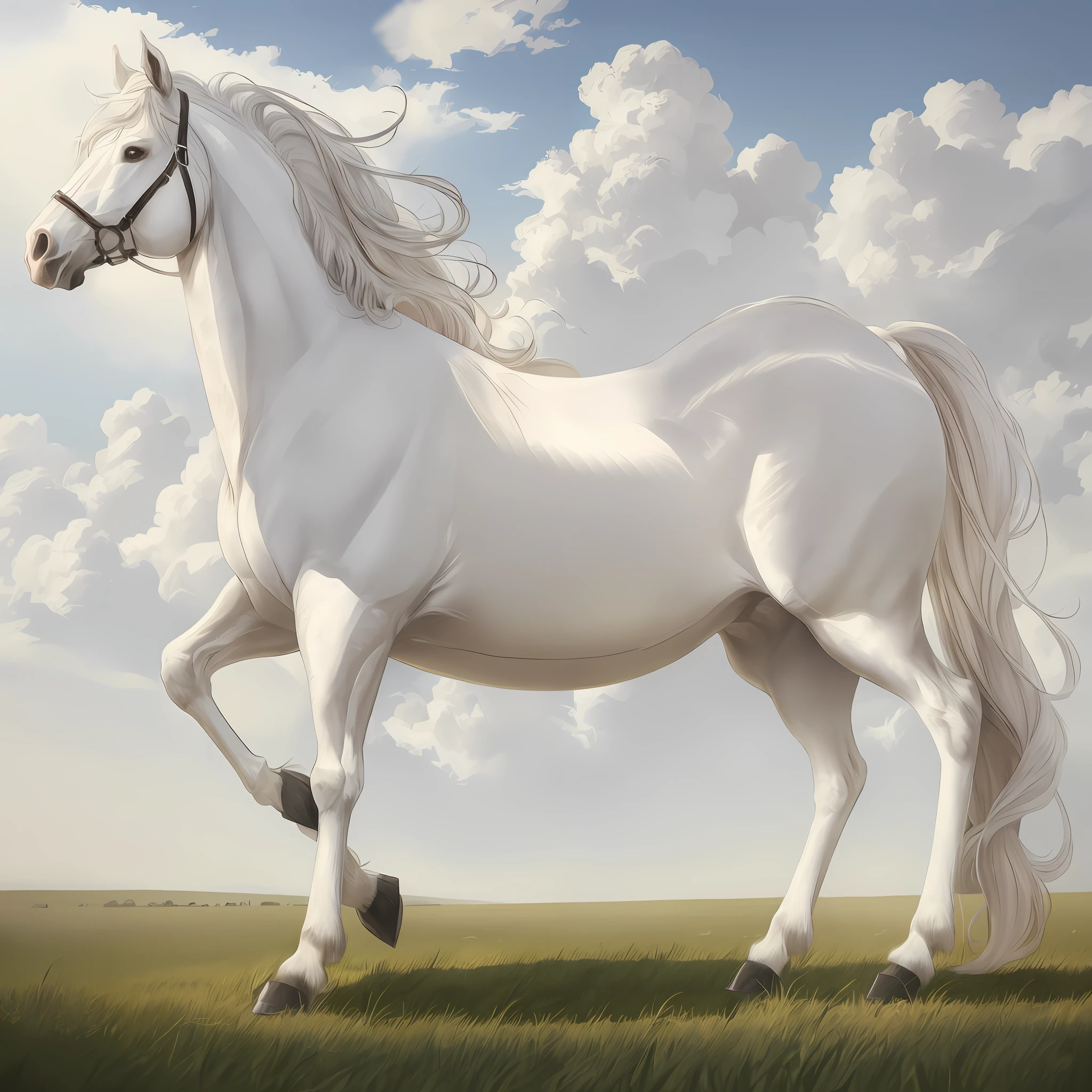 bottom horse, white, slender, standing at full height, detailed white long hair, beautiful stunning realistic, gorgeous digital painting, anatomically correct horse, elegant digital painting, digital horse, ultra-realistic illustration, realistic illustration, incredibly realistic, flowing mane and tail, high quality, sky, clouds, photo, a lot of air, perspective, in profile, correct anatomy, hooves standing in the grass, photo