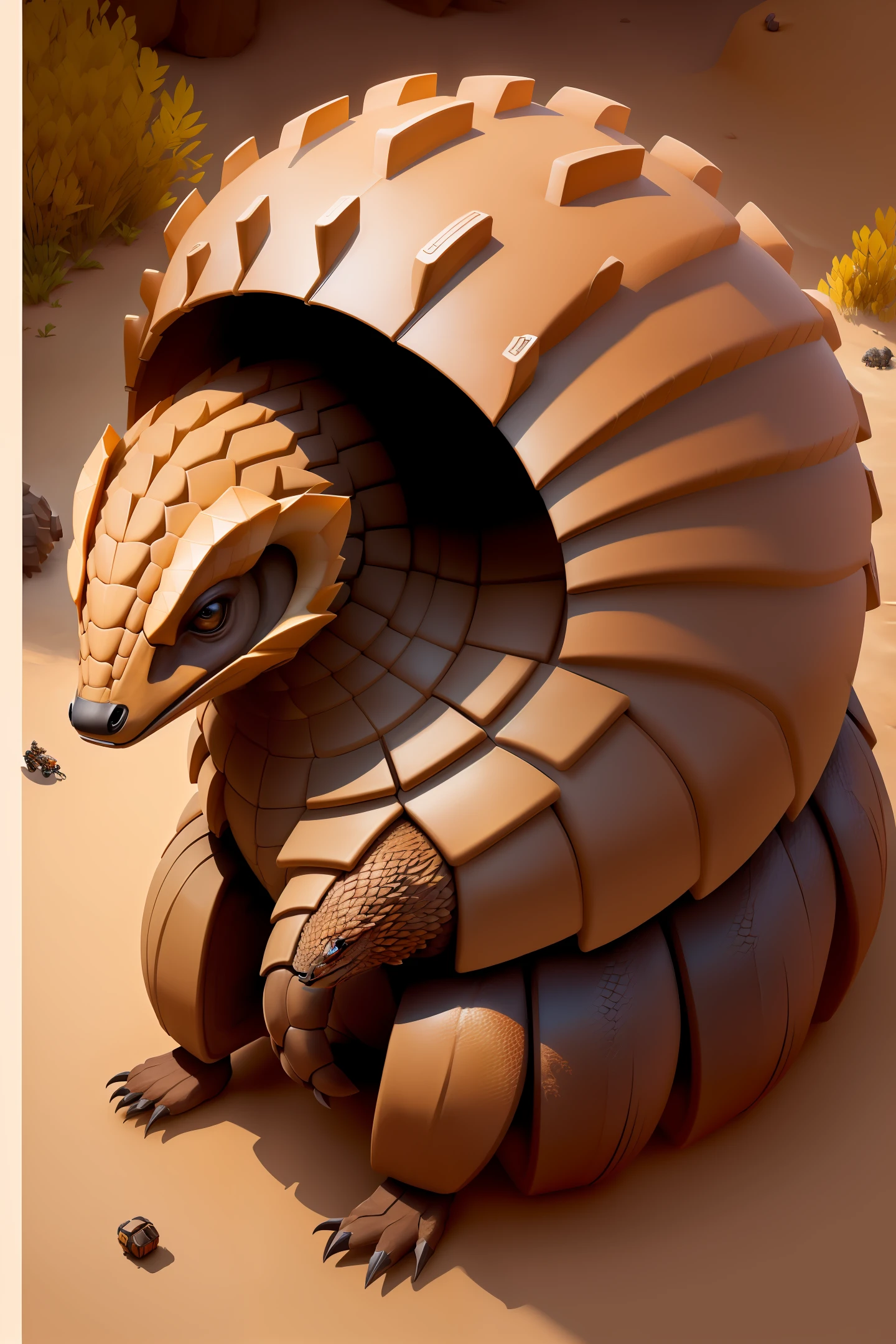 anthill skin shaped like a pangolin, mechanic, gaming, 4K, skin, top down view, boxformat