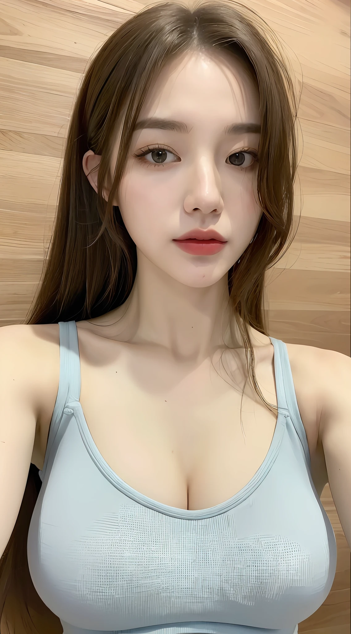 ((Best quality, 8k, Masterpiece :1.3)), 1girl, Pretty woman with emphasizing slender abs :1.3, (random hairstyles, Huge breasts :1.2), Oversized tank top :1.2, Ultra-detailed face, Detailed eyes, Double eyelid