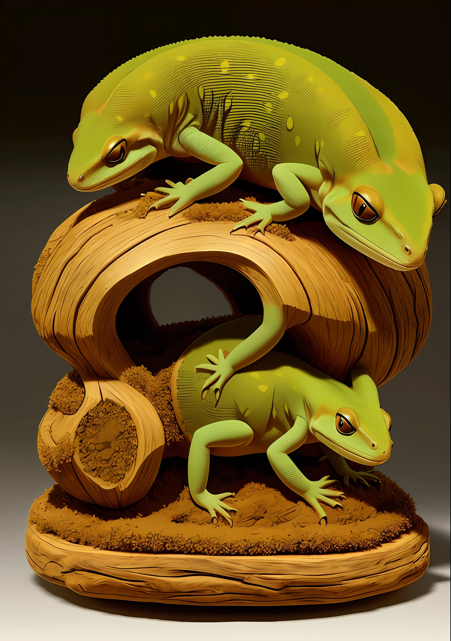 an anthill shaped like a gecko carved out of wood, 3d, fantasy style