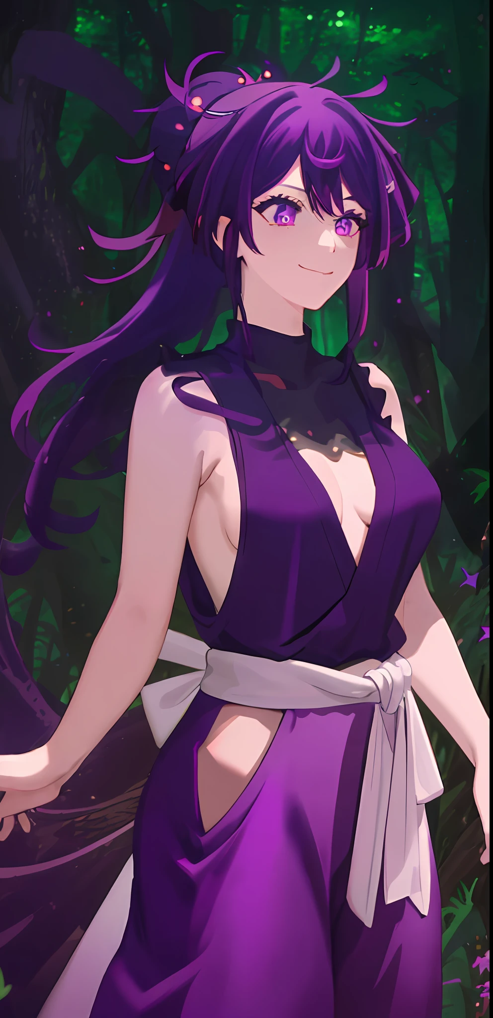 1 girl, solo, spiky hair bun, purple hair,r, purple eyes, glowing eyes, revealing purple clothing, large breast, small smile, forest background, dense forest background, moonlight illuminating, moonlight, yuzuriha clothing, revealing outfit, cleavage, sleeveless, v-neck down to abdomen, she wore the standard attire for a kunoichi, which was a sleeveless dark purple garment, a white obi wrapped around her waist, and dark purple pants that had openings around her thighs, Her blouse was noticeably kept slightly opened, showing off most of her cleavage.