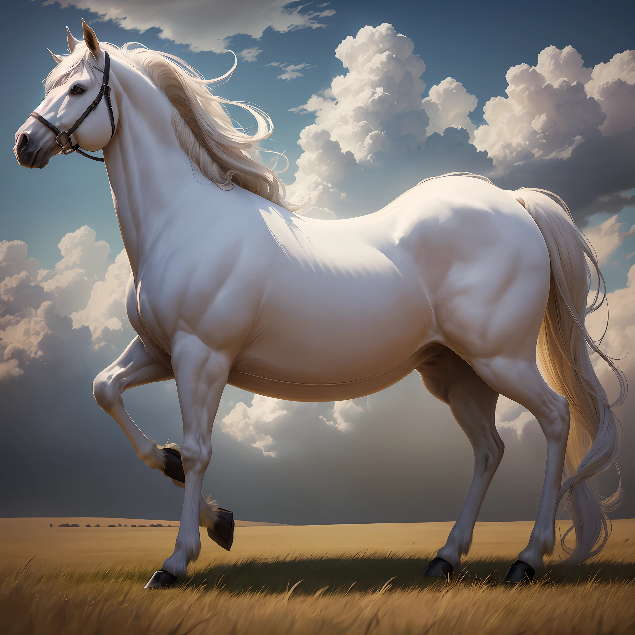 bottom horse, white, slender, standing at full height, detailed white long hair, beautiful stunning realistic, gorgeous digital painting, anatomically correct horse, elegant digital painting, digital horse, ultra-realistic illustration, realistic illustration, incredibly realistic, flowing mane and tail, high quality, sky, clouds, photo, a lot of air, perspective, in profile, correct anatomy, hooves standing in the grass, photo