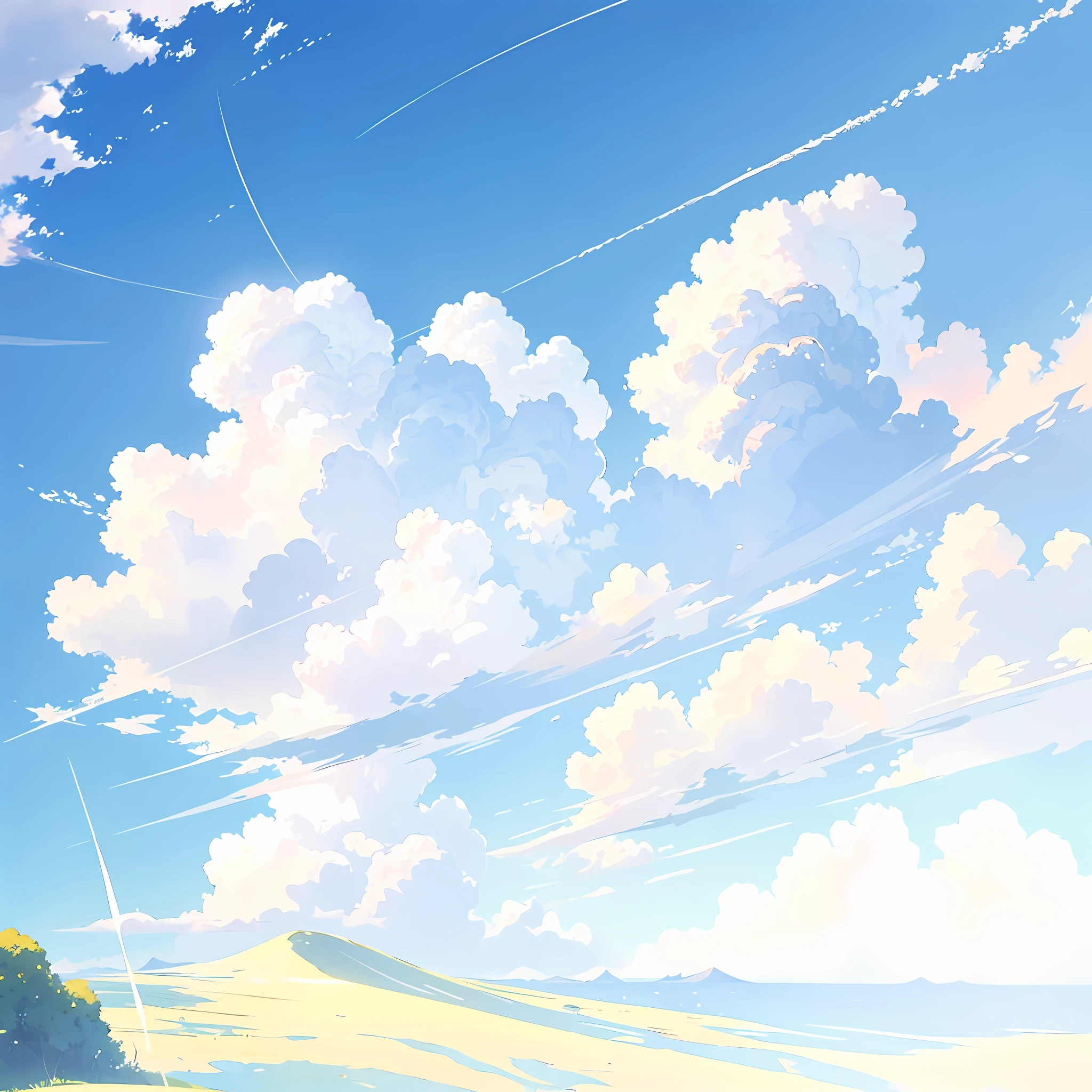 Summer, meadows, a plane flying far away, heavenly views, large clouds, blue skies, deep blue sky, beautiful sky, sun light, hot weather, HD detail, wet watermarks, hyper-detail, cinematic, surrealism, soft light, deep field focus bokeh, ray tracing, and surrealism. --v6
