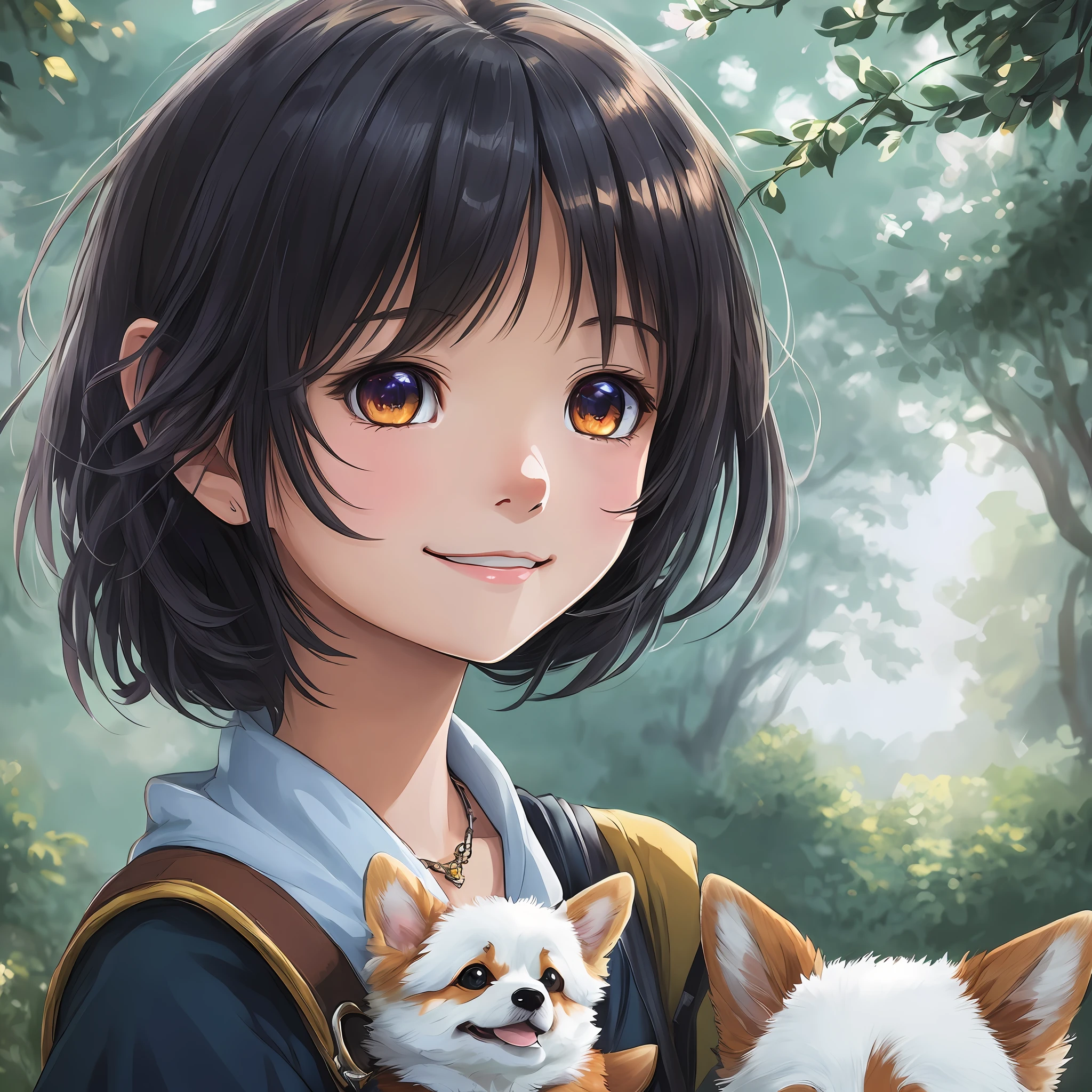 (fron view) (midshot) insanely detailed illustration of a cute little girl smiling walking her cute corgi dog, utra detailed cute face, in a village, close up zoomed,cartoonish vector, mixmedia, glowy, very intricate details, hayao miyazaki style with makoto shinkai style, colorful strokes, soft colors, very high resolution, sharp focus, anime key visual, anime art, anime, masterpiece, best quality, hdr, uhd, depth of field, wide angle, full body shot, finely detailed beautiful face and eyes, 8k, dark intense shadows