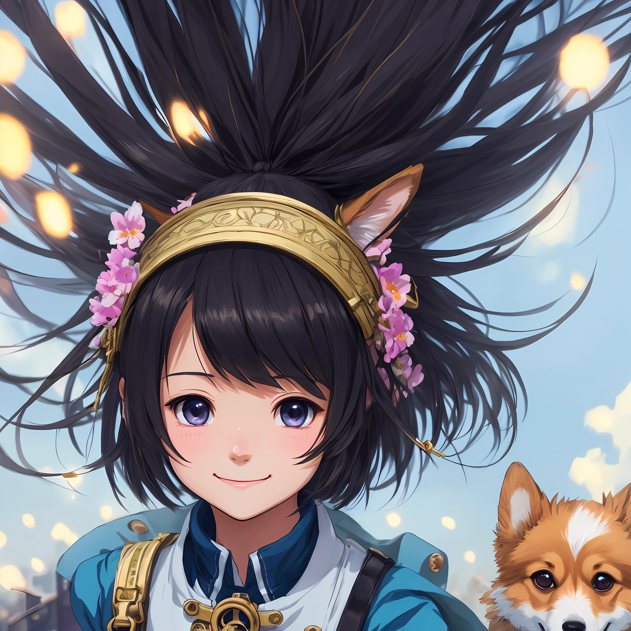 (fron view) (midshot) insanely detailed illustration of a cute little girl smiling walking her cute corgi dog, utra detailed cute face, in a village, close up zoomed,cartoonish vector, mixmedia, glowy, very intricate details, hayao miyazaki style with makoto shinkai style, colorful strokes, soft colors, very high resolution, sharp focus, anime key visual, anime art, anime, masterpiece, best quality, hdr, uhd, depth of field, wide angle, full body shot, finely detailed beautiful face and eyes, 8k, dark intense shadows