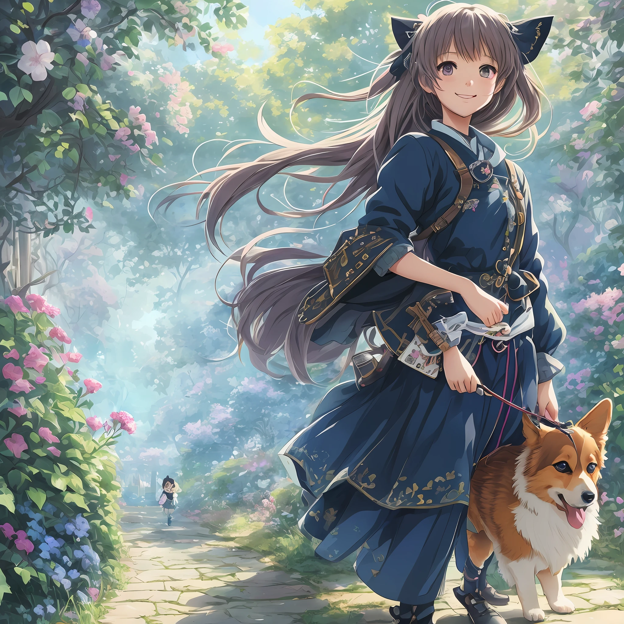 (fron view) (midshot) insanely detailed illustration of a cute little girl smiling walking her cute corgi dog, utra detailed cute face, in a village, close up zoomed,cartoonish vector, mixmedia, glowy, very intricate details, hayao miyazaki style with makoto shinkai style, colorful strokes, soft colors, very high resolution, sharp focus, anime key visual, anime art, anime, masterpiece, best quality, hdr, uhd, depth of field, wide angle, full body shot, finely detailed beautiful face and eyes, 8k, dark intense shadows