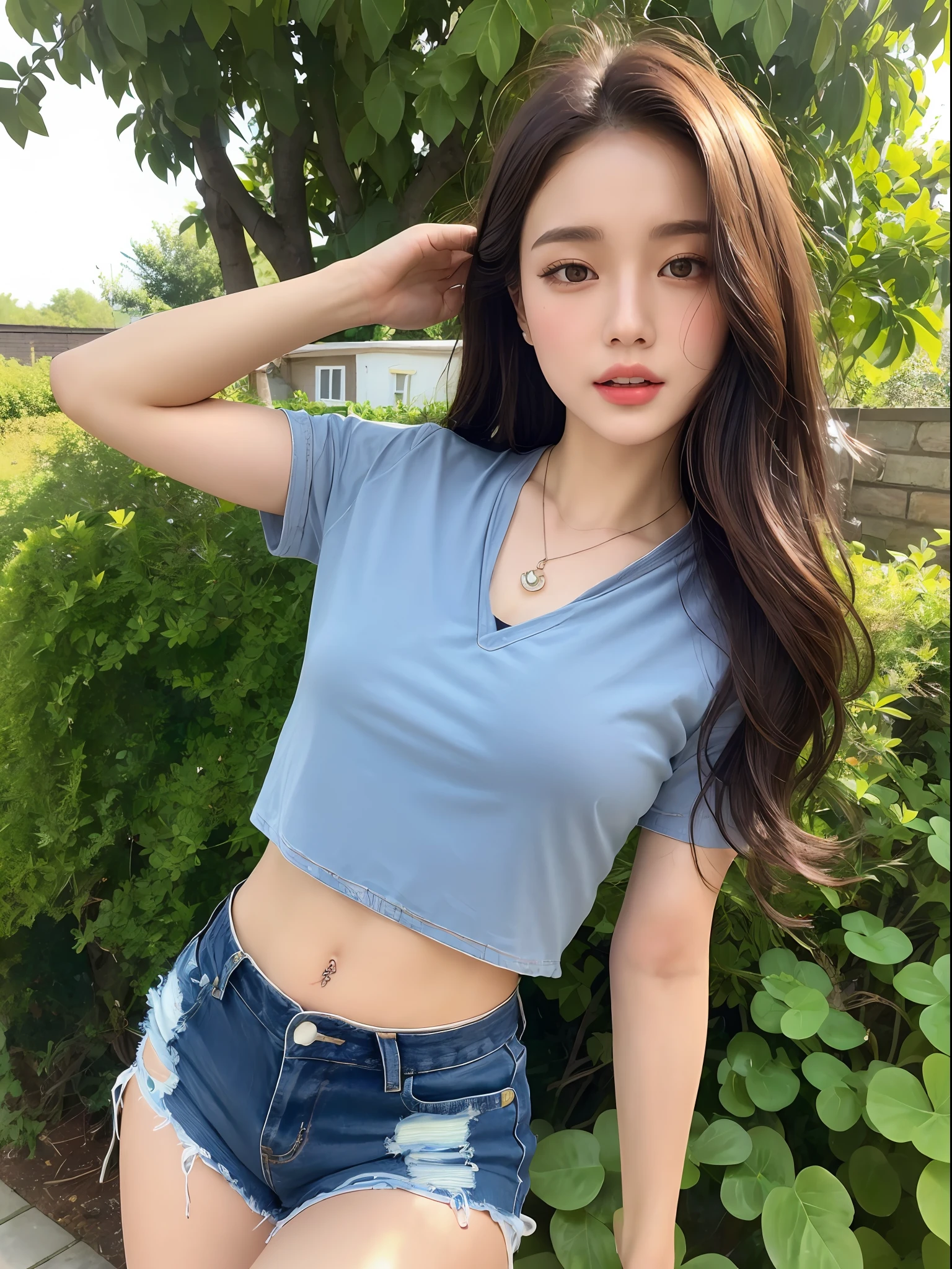 (Best quality, 8k, masterpiece: 1.3), a beautiful woman with perfect figure: 1.4, dark brown hair, medium, wearing a pendant, Henry shirt with ripped shorts, stretching, in the garden, highly detailed face and skin, detailed eyes, double eyelids