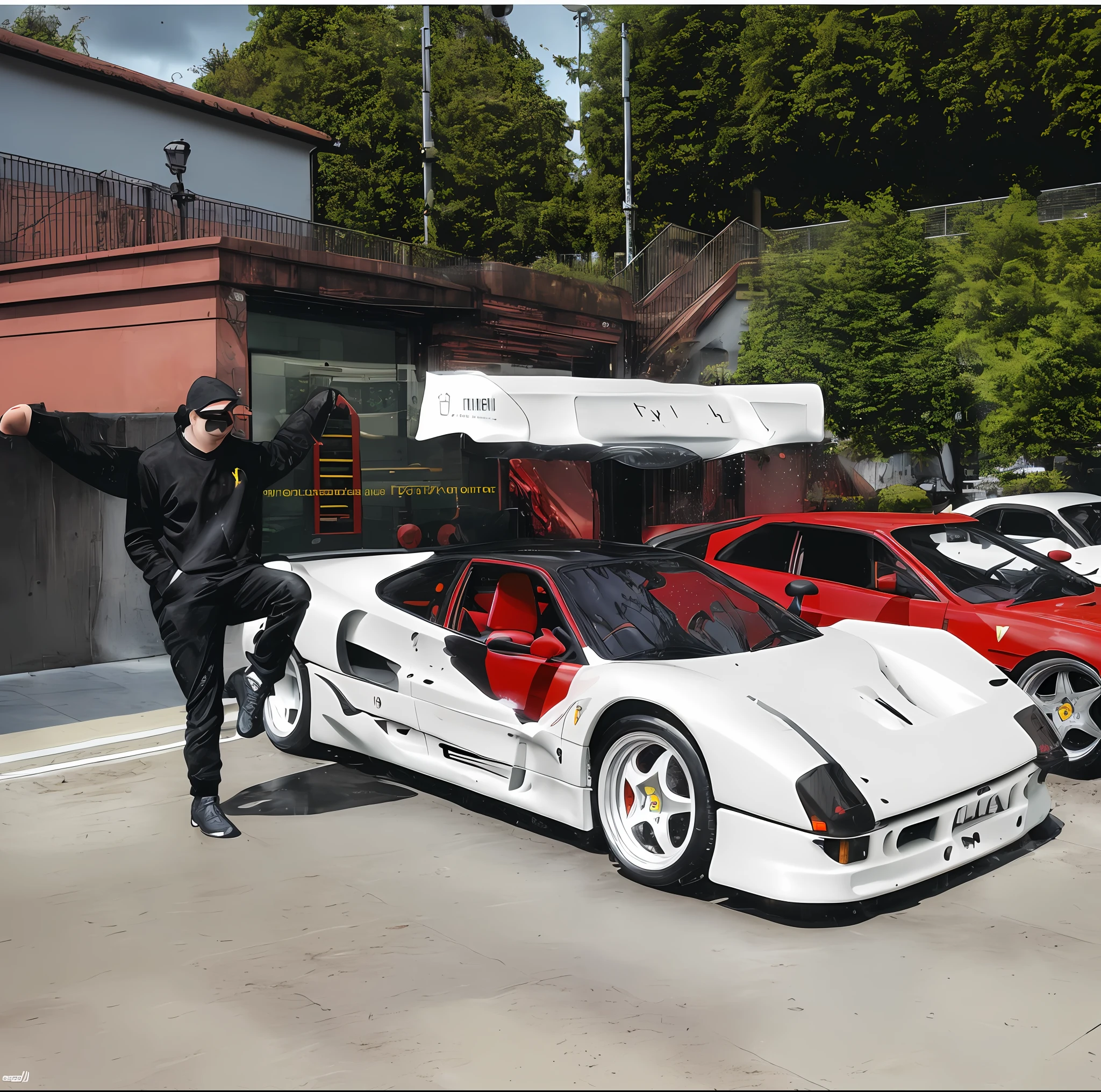 35mm portrait of a black Ferrari F40, parked diagonally on the street after the rain with splashes of water on the bodywork, cinematic city and some trees with pink leaves, dramatic lighting, ultra resolution, surrealism, reflections on the ground and cloudy sky