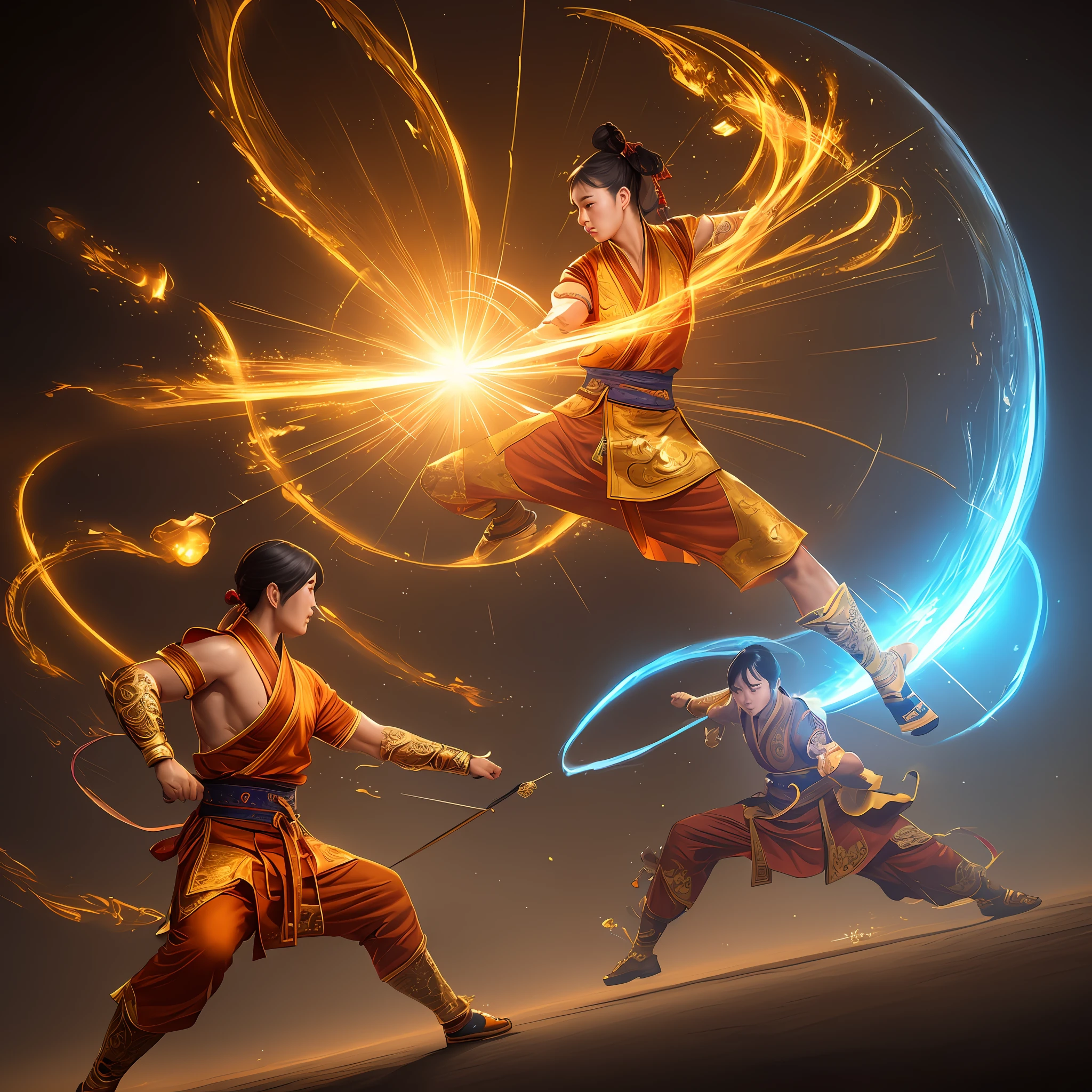 China, kungfu, shaolin, Jackie Chan, fighting play, fullbody, golden skin, photoshoot, ssci-fi, fantasy, intricate, elegant, neon light, highly detailed, digital painting, artstation, concept art, soft light, hdri, smooth, sharp focus, illustration, rendering, unreal engine, 3D modeling