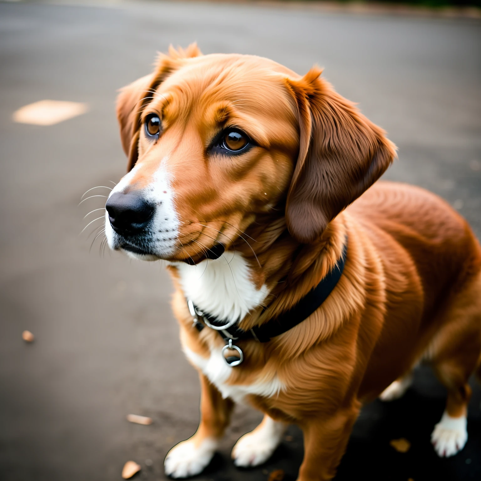 Dog 3 months brown coat brown eyes lying on the walk awake