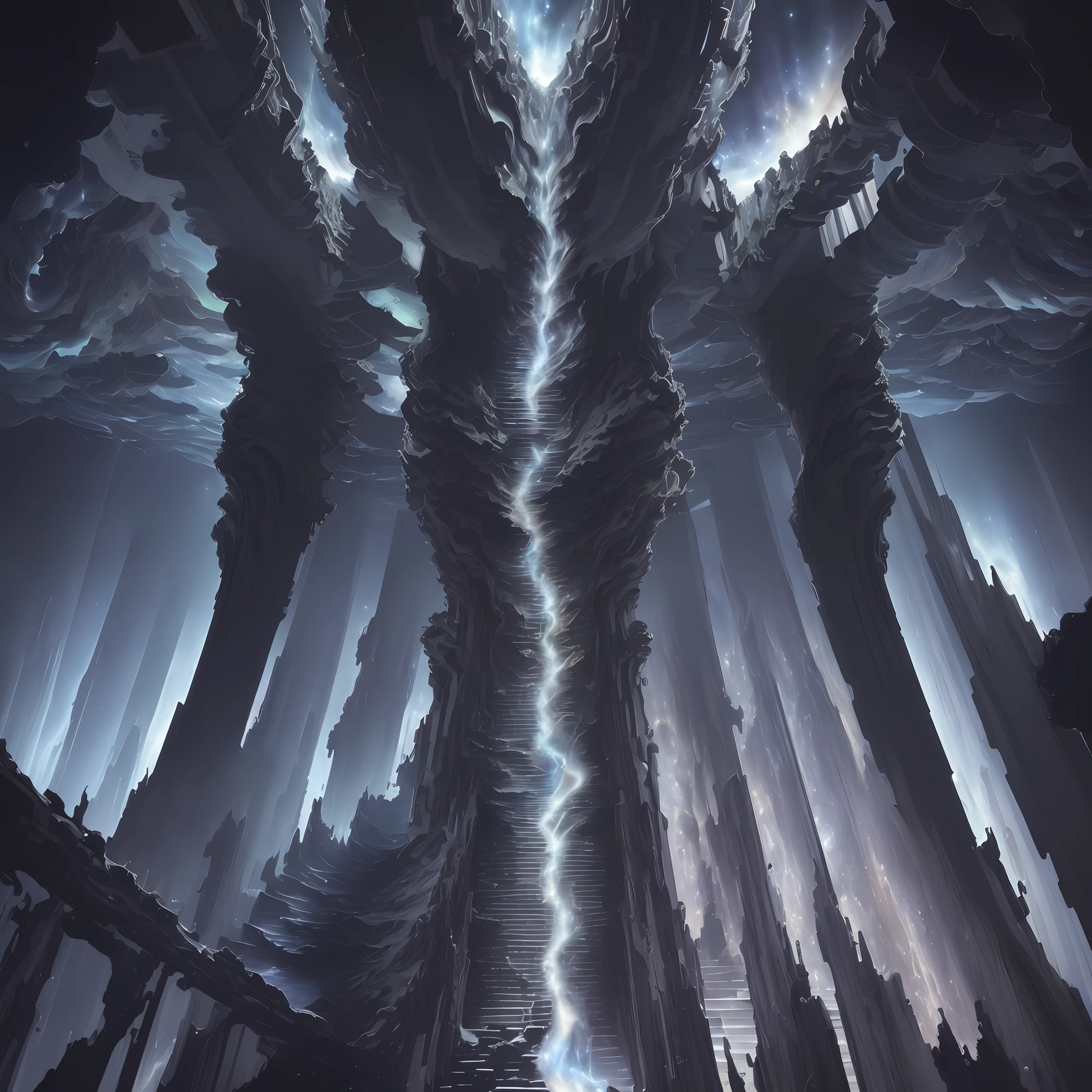 ((best quality)), ((masterpiece)), (high detail), (highres), staring up into the infinite length of the universe, endless galaxies, , dangerous black holes, exploding super novas, floating stars, endless staircases, star nebulas, ominous, cinematic atmosphere, negative dark mode, mc escher, art by senseijaye, matrix atmosphere, digital code swirling, matte painting