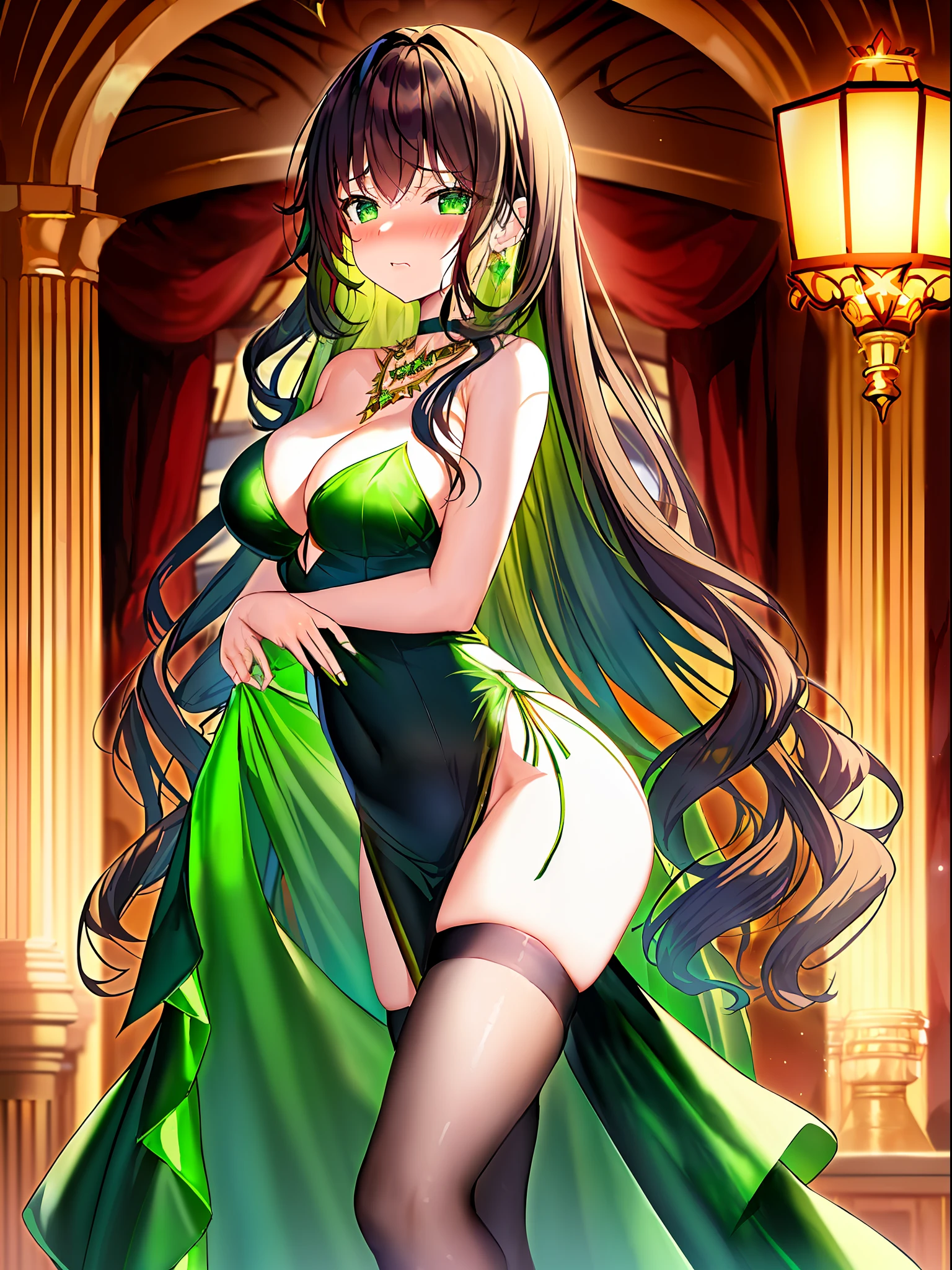 (masterpiece, dynamic lighting, ultra quality, cinematic lighting, dynamic shaders), best quality, 1girl, perfect face, cute face, black hair, long luscious hair, curly hair, deep green eyes, beautiful small boobs, tits poking, delicate fingers, delicate legs, blushing, embarrassed, lewd, reflective necklace, emerald choker, strapless evening dress, thigh high slit dress, black dress, mermaid dress, green glow, high heels