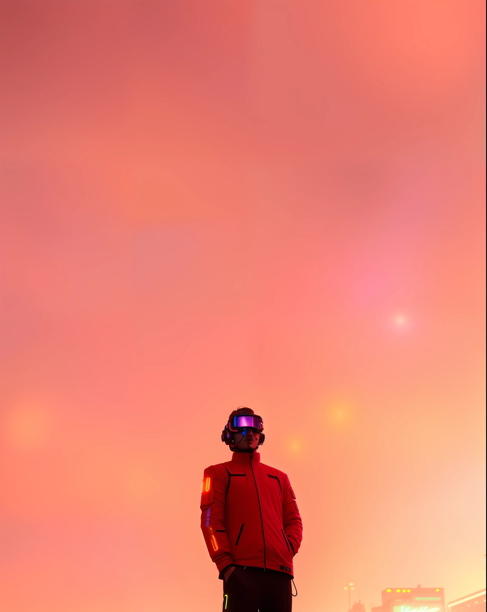 An award winning master piece photo of a cyborg man with psychedelic colors standing in a city street at night in the rain, wearing neon-colored glowing goggles, 8k, (high quality:1.1), (cinematic feeling:1.1), dark deep shadows, incredibly intricate detailing, art , (up close:1.1), from above, looking at viewer, (light sparkles:1.1), (chromatic aberration,:1.2) background with floating light artifacts