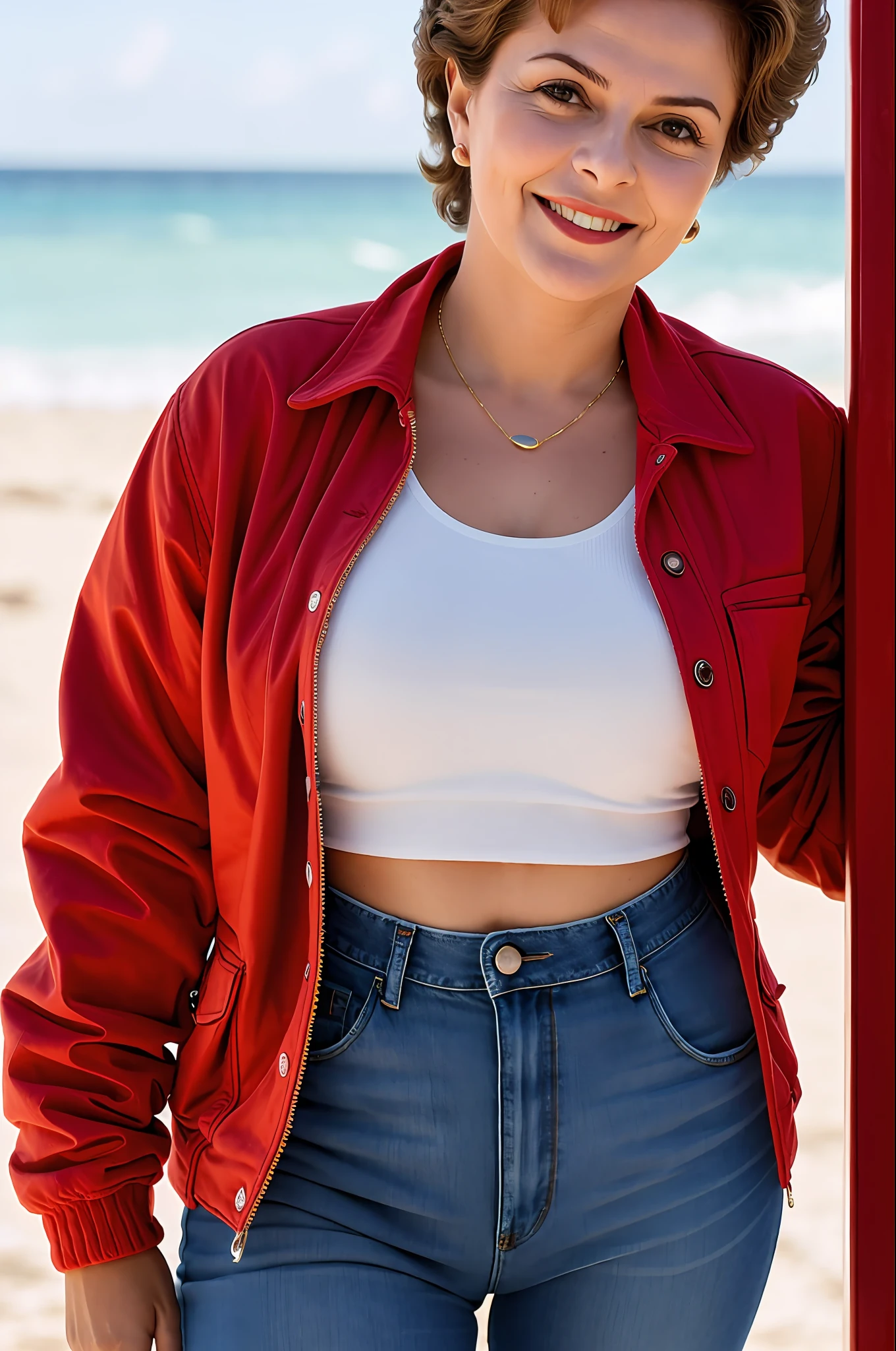 20 years old dilma rousseff former president of brazil, short red jacket, High Waist Jeans, sunny beach, warm lighting
