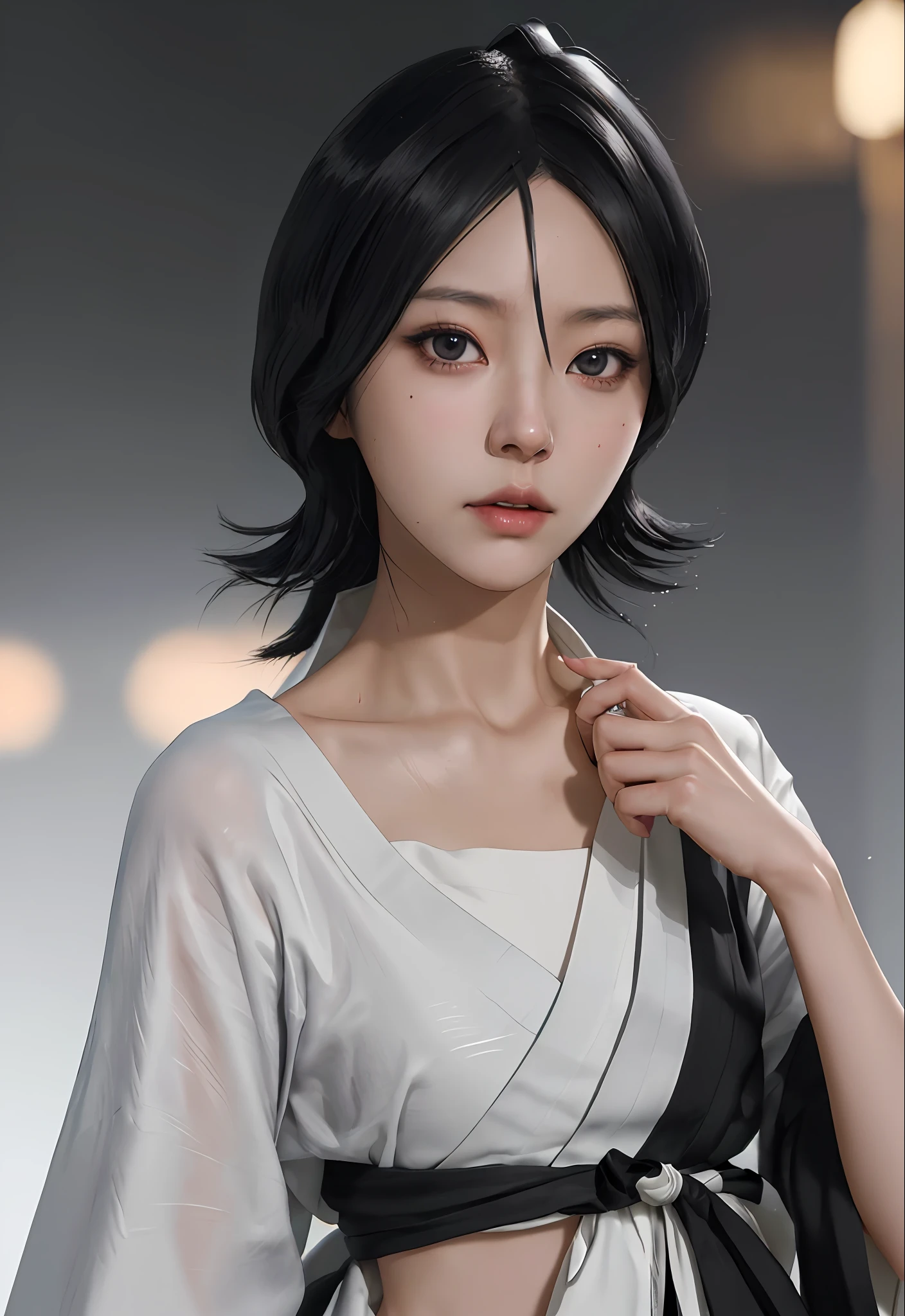 Random stance, mix4, fortnite version, (8k, RAW photo, best quality, masterpiece: 1.2), (realistic, photo-realistic: 1.37), standing, 1girl, beautiful, cityscape, night, snow, wet, professional lighting, photon mapping, radiosity, physically-based rendering, gradient black colored hair, hair between eyes, beautiful, girl, japanese clothes, black kimono, track, high quality image, high resolution, 1080p, (light face), (detailed facial description), (detailed description of the hand), (masterpiece), (exquisite CG), extreme light and shadow, messy hair, master's work, rich details, (fine facial features), (high quality image), (masterpiece), (detailed eyes), Look forward with your detailed black eyes, thin collarbone, (Kuchiki Rukia, anime Bleach).