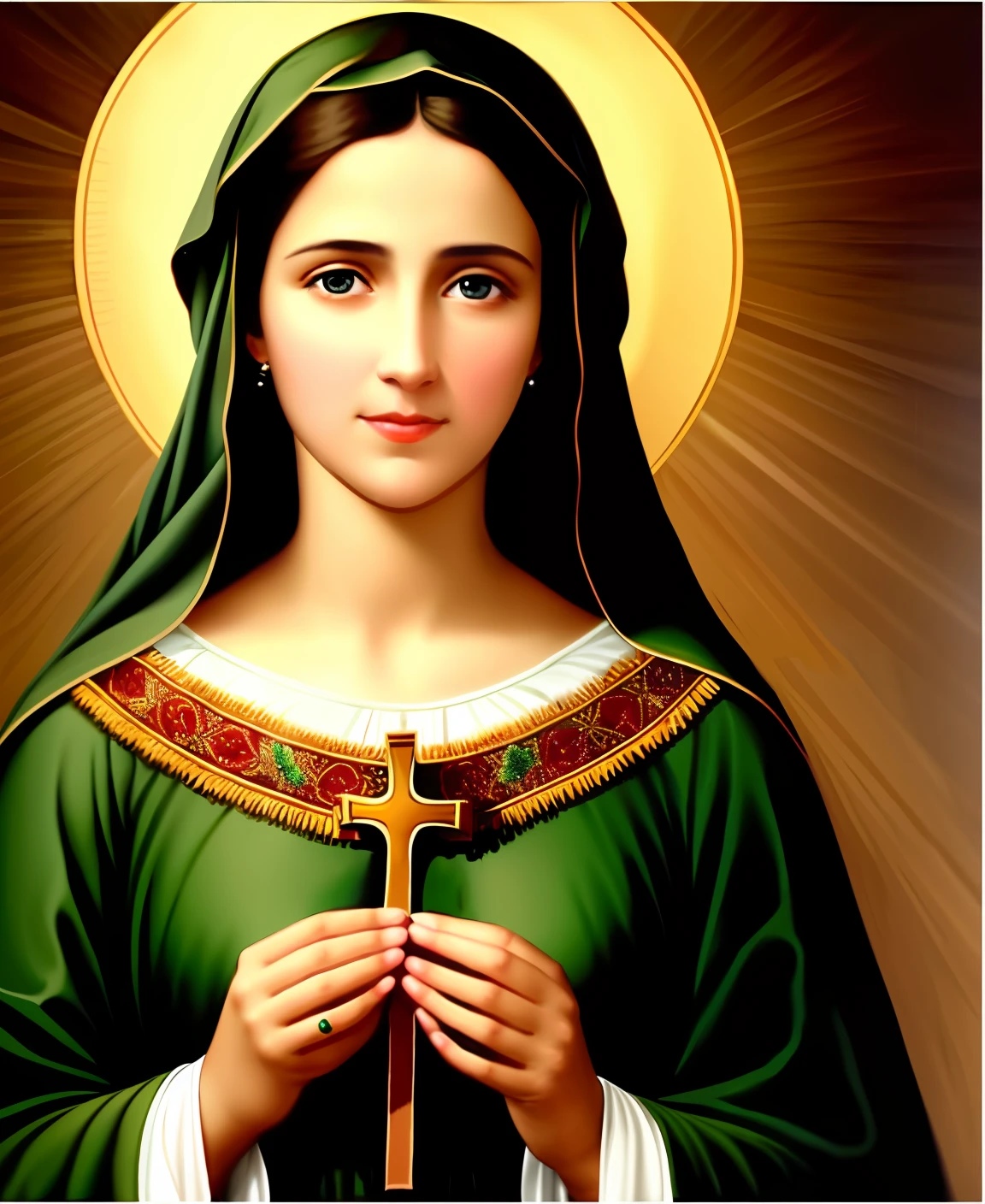 the mother of Jesus Christ, a beautiful woman, with light brown skin, black hair and green eyes, with a sweet and captivating look, realistic style.