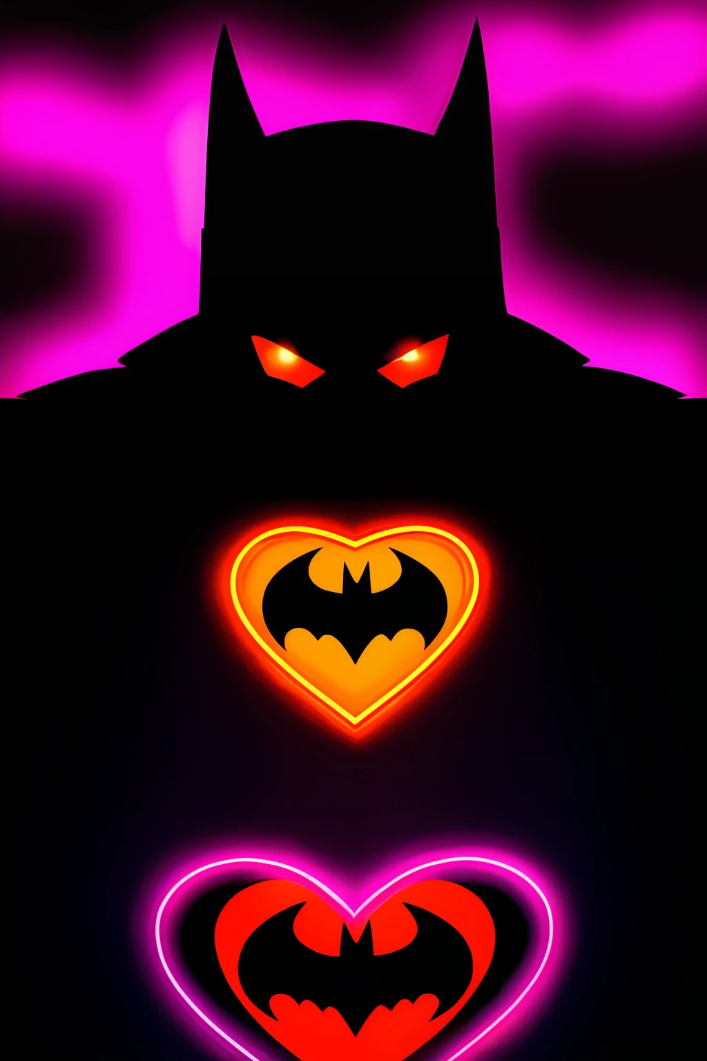 valentine's day batman logo, original heart shaped batman logo with sayings ((I love you)), background is gotham night sky and neon lights, detailed, high definicion, ultra resolution, Fujifilm XT3, Dark ilumination, intensity, dramatic, romantic, 64k,