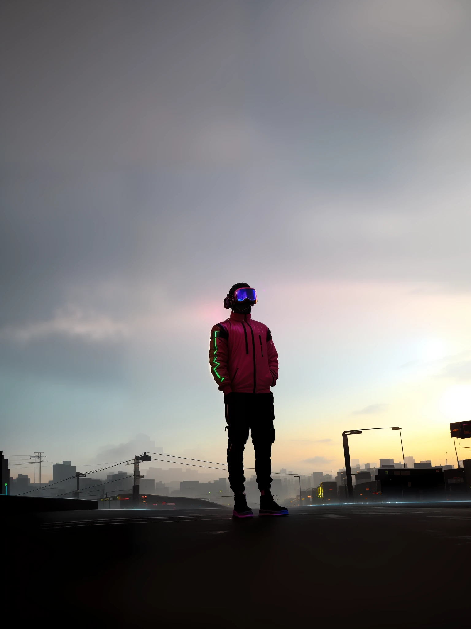 An award winning master piece photo of a cyborg man with psychedelic colors standing in a city street at night in the rain, wearing neon-colored glowing goggles, 8k, (high quality:1.1), (cinematic feeling:1.1), dark deep shadows, incredibly intricate detailing, art , (up close:1.1), from above, looking at viewer, (light sparkles:1.1), (chromatic aberration,:1.2) background with floating light artifacts