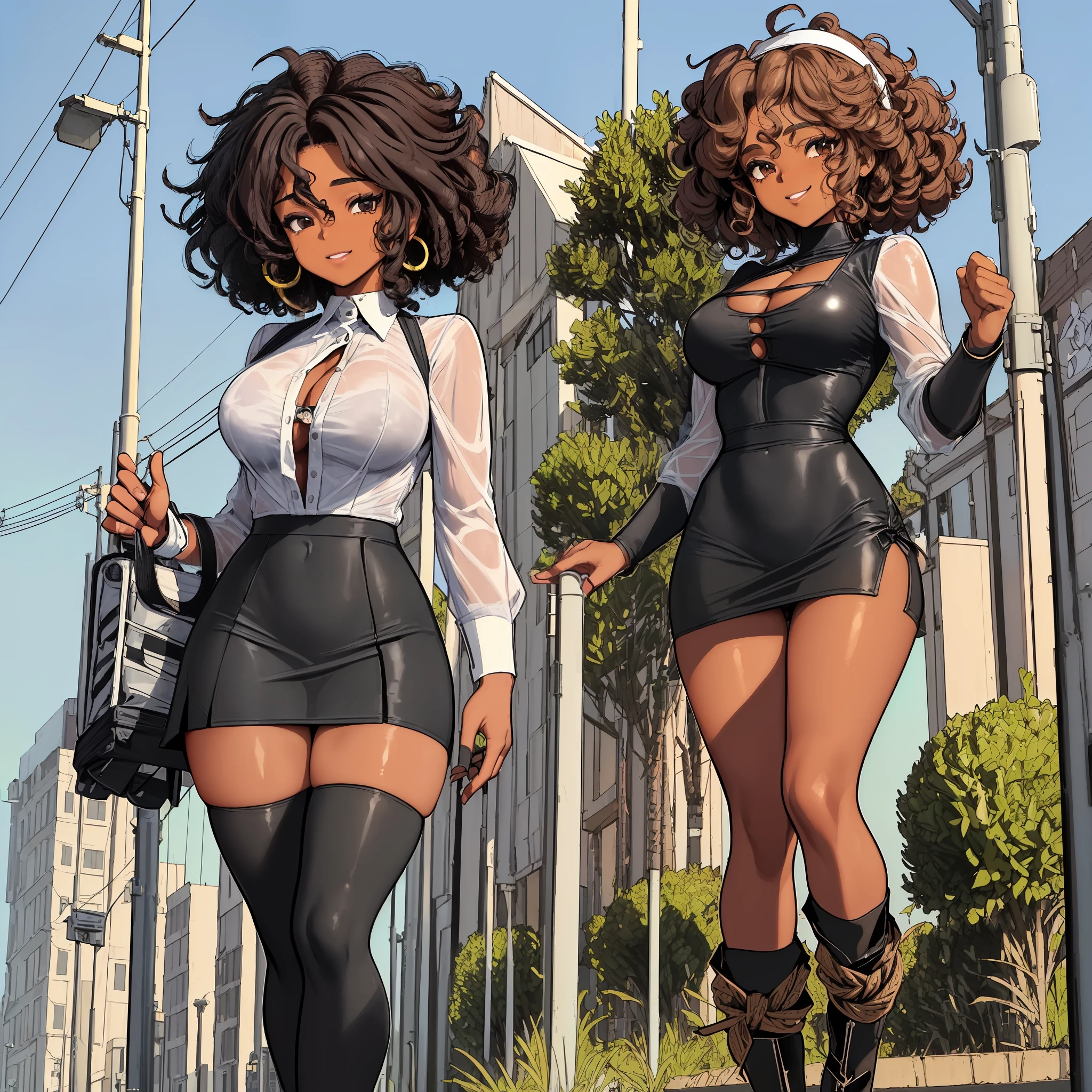 a afro Hero (masterpiece, best quality), midle curly hair, woman character, (((leaving with a proud face, far in the background the bandits tied to the light pole))), (comic style artwork with perfect anatomy), perfect body, transparent wet ultrathin white dress shirt unbuttoned, black knee high tights, (black short miniskirt), highly detailed--no outline