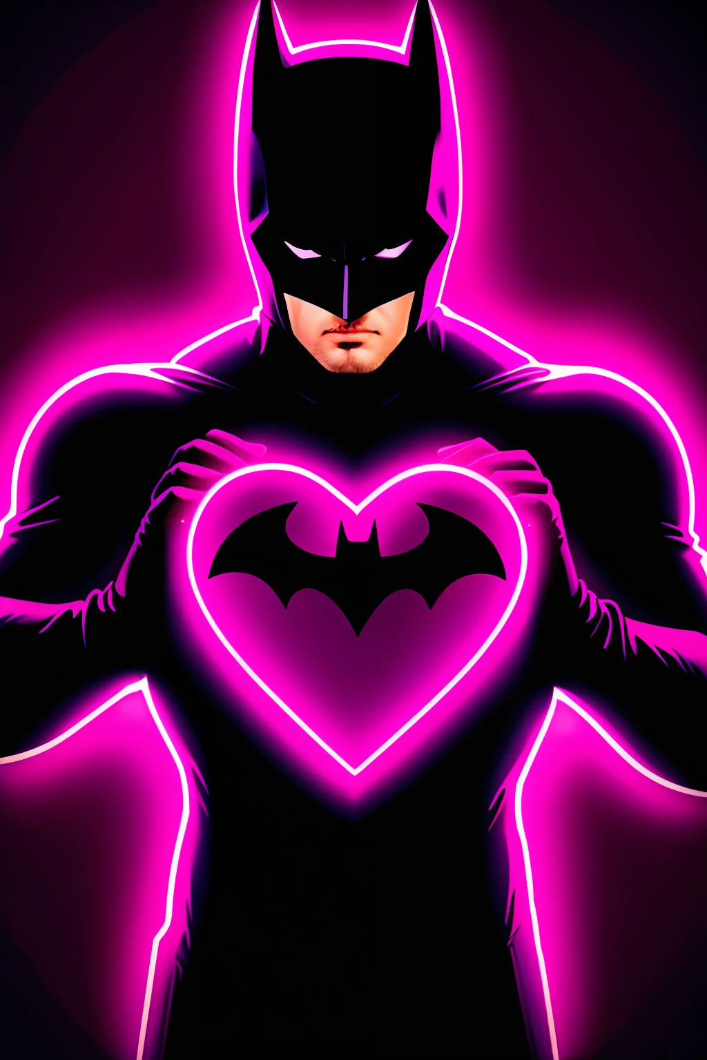 valentine's day batman logo, original heart shaped batman logo with sayings ((I love you)), background is gotham night sky and neon lights, detailed, high definicion, ultra resolution, Fujifilm XT3, Dark ilumination, intensity, dramatic, romantic, 64k,