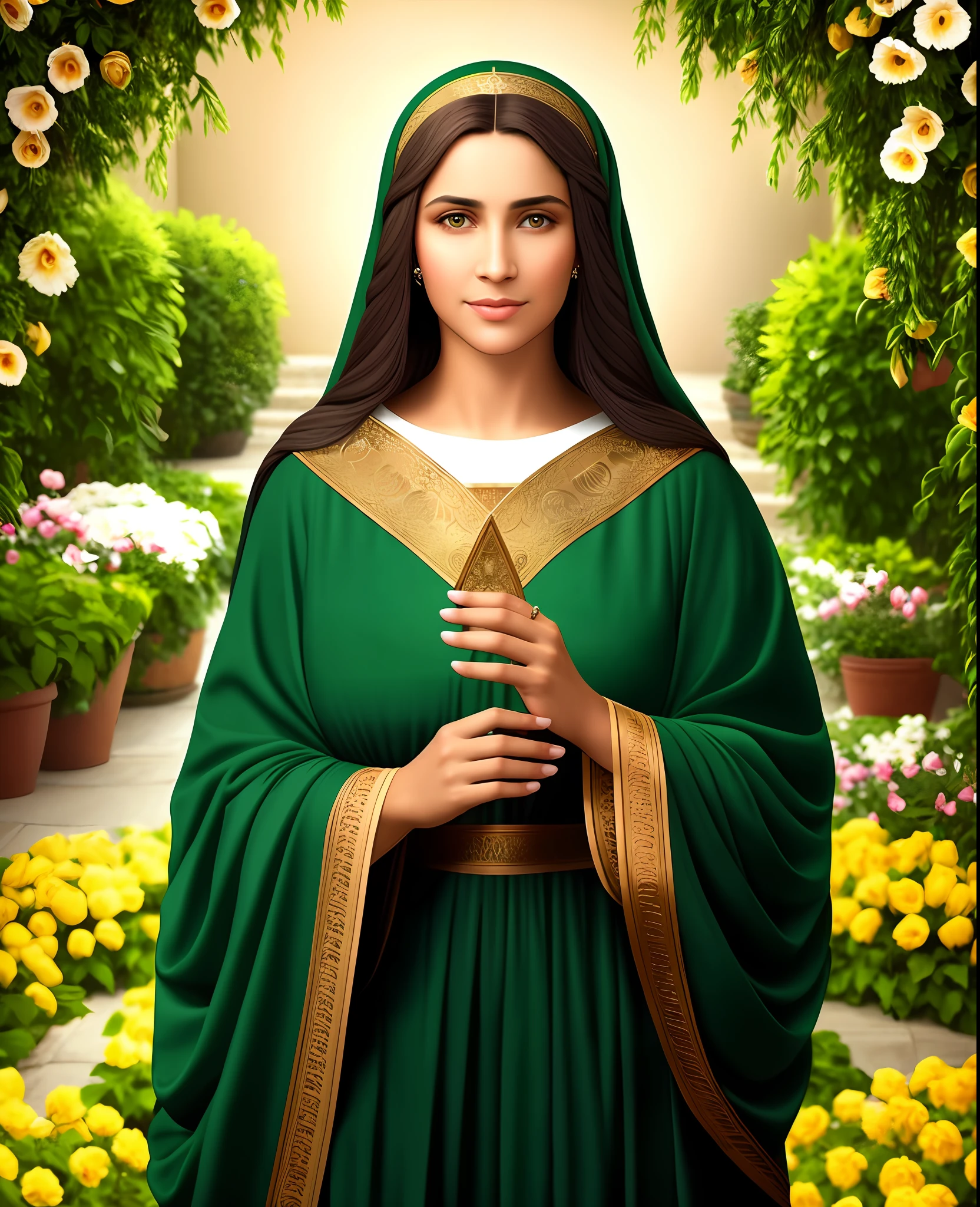 the mother of Jesus Christ, a beautiful woman with light brown skin, black hair and green eyes, with a sweet and captivating look. And in the background a backdrop of a beautiful garden, realistic style.