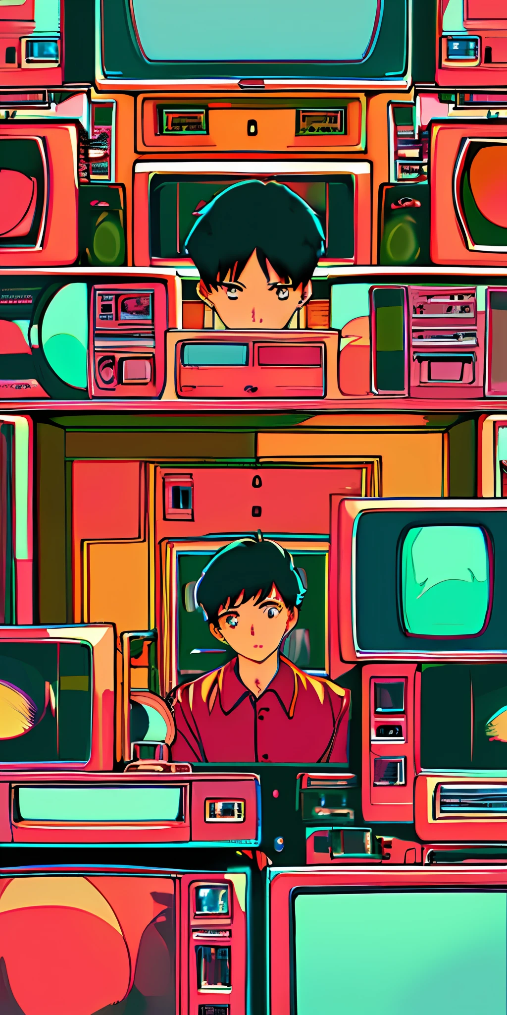 masterpiece, best quality, flat color, ligne claire, (1boy looking away from the viewer), pile of crt tv and cassettes vhs tapes and camera and lens, chromatic aberration, depth of field