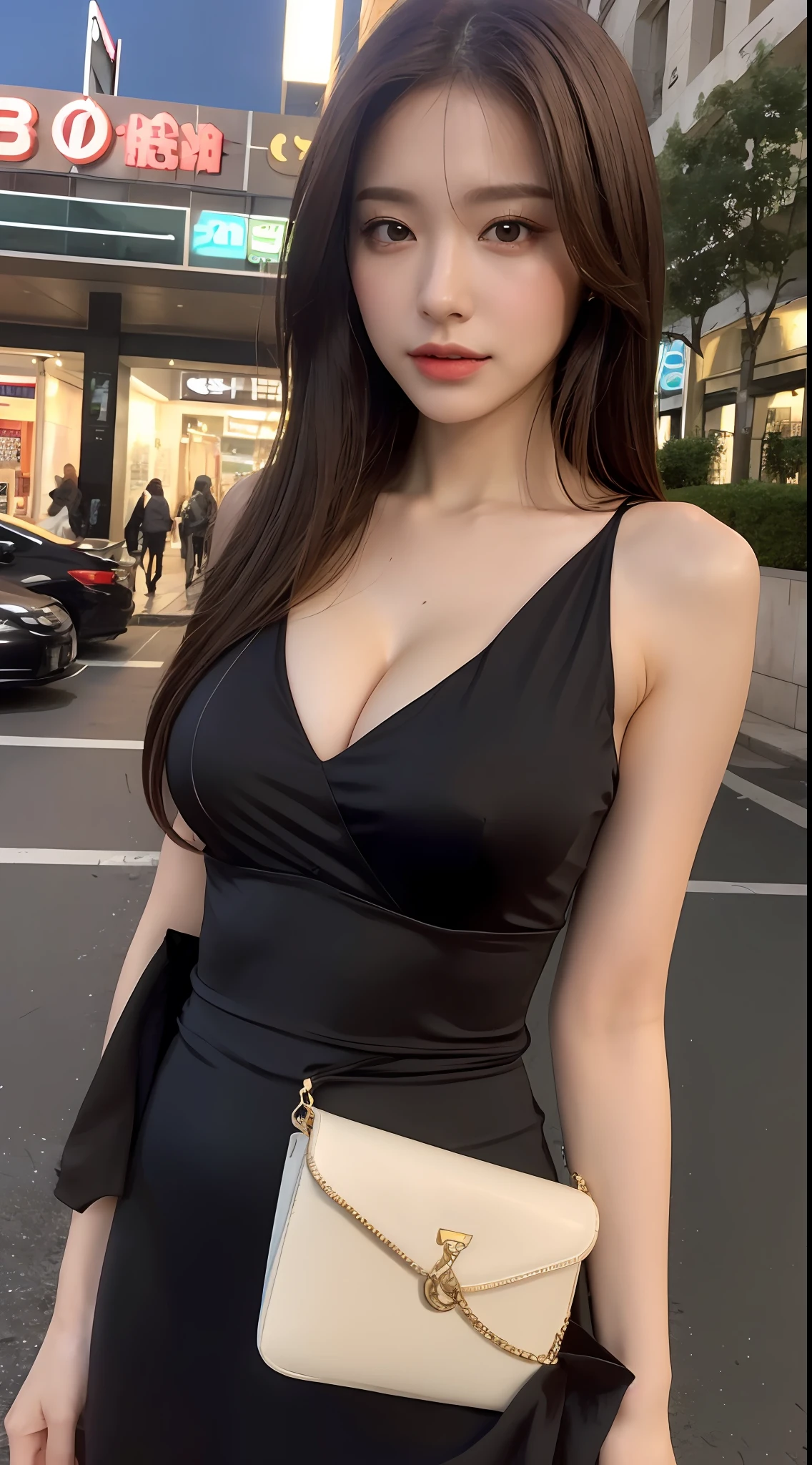 ((Realistic lighting, Best quality, 8K, Masterpiece: 1.3)), Clear focus: 1.2, 1girl, Perfect body beauty: 1.4, Slim abs: 1.1, ((dark brown hair, Big breasts: 1.3)), (Aqua dress: 1.4), (Outdoor, night: 1.1), City streets, Super fine face, fine eyes, double eyelids, exposed cleavage