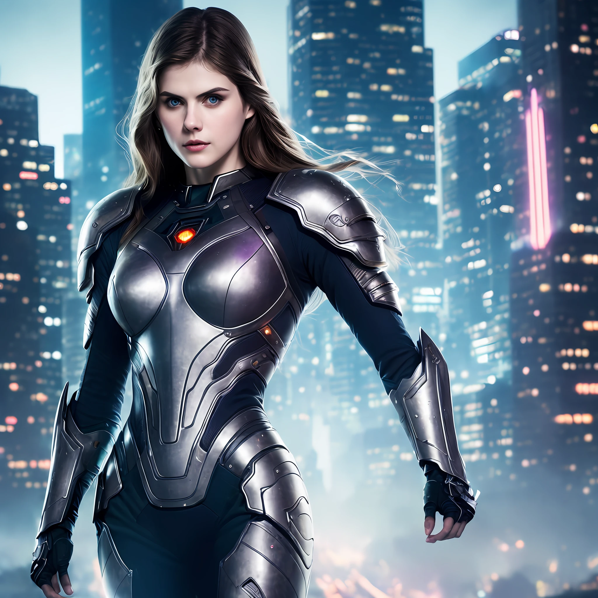 singular woman, medium shot photo of a sexy woman (Alexandra Daddario), a woman wearing futuristic armor in a futuristic city, fantasy, sci-fi, beautiful feminine face, seductive, sexual, mist, vivid alluring eyes, best quality masterpiece, photorealistic, detailed, 8k, HDR, shallow depth of field, broad light, high contrast, backlighting, bloom, light sparkles, chromatic aberration, sharp focus, RAW color photo