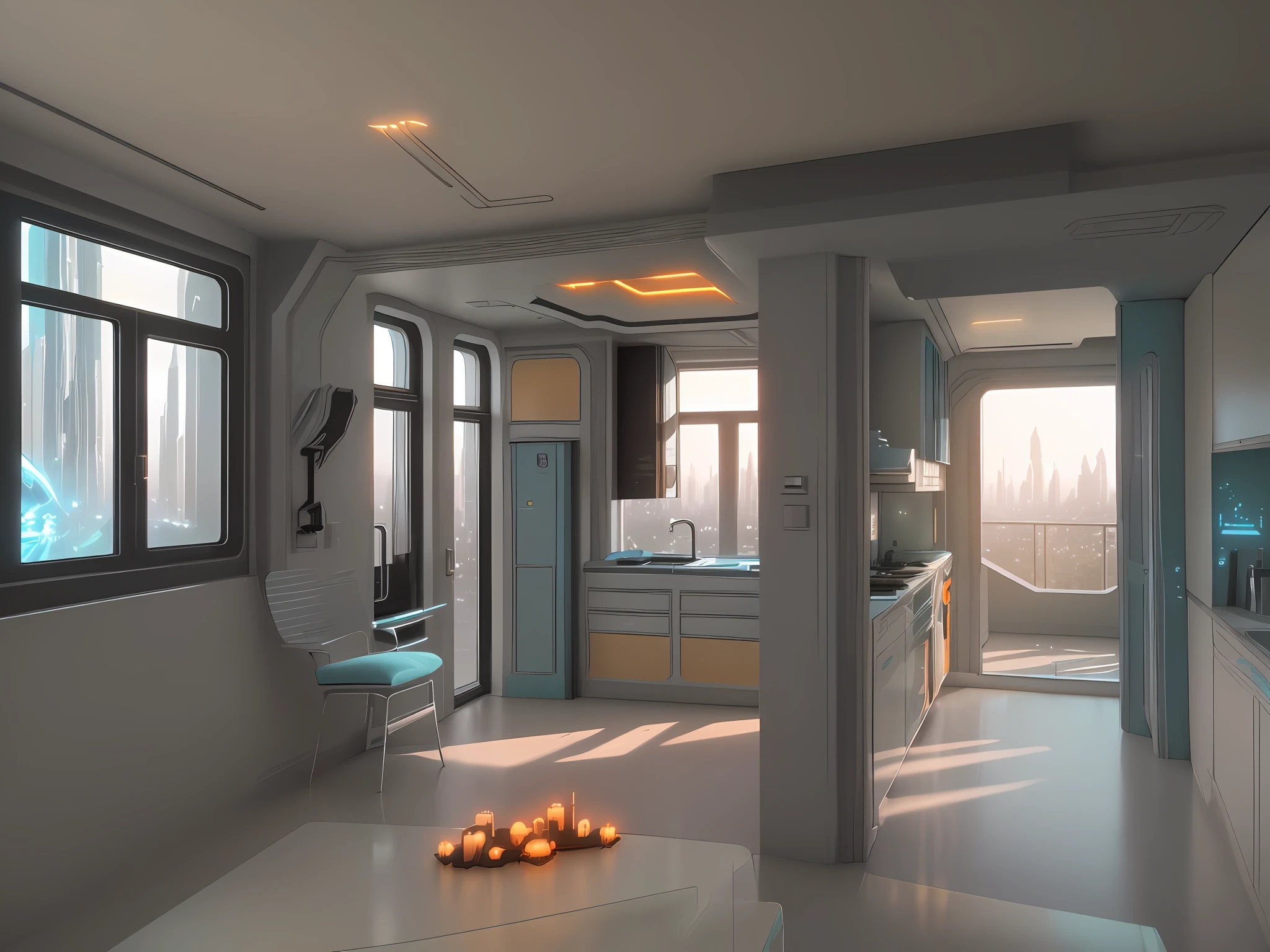 Gorgeous sci-fi bedroom matte painting by John Harris, Spalterth and Greg Rutkowski. Sharp edges, Tiffany blue, gray-orange, white and gold. Sci-fi living room, kitchen, balcony, window view of the futuristic city skyline, lighting effects. Ultra-clear and detailed, 3 d, octane return. 8K