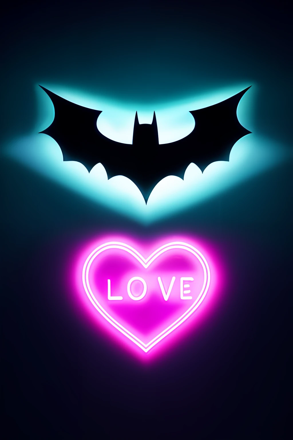 valentine's day batman logo, original heart shaped batman logo with sayings ((I love you)), background is gotham night sky and neon lights, detailed, high definicion, ultra resolution, Fujifilm XT3, Dark ilumination, intensity, dramatic, romantic, 64k,