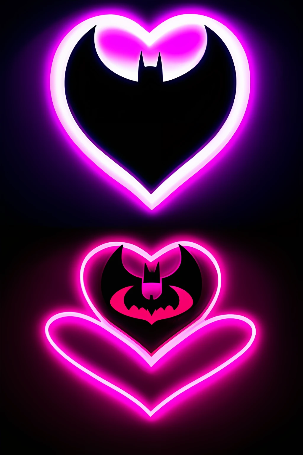 valentine's day batman logo, original heart shaped batman logo with sayings ((I love you)), background is gotham night sky and neon lights, detailed, high definicion, ultra resolution, Fujifilm XT3, Dark ilumination, intensity, dramatic, romantic, 64k,