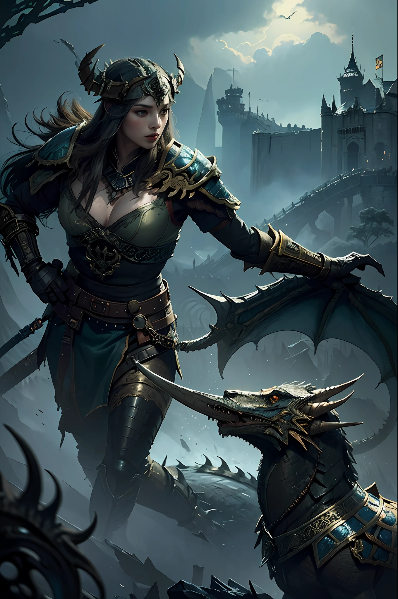 A castle (total war Warhammer) of dragons , Subtle narrative, enigmatic atmosphere, atmospheric perspective, fluid movement, ethereal quality, solo, low fantasy, vivid brushstrokes, striking composition, psychedelic images, night, dynamic lights, ancient china style