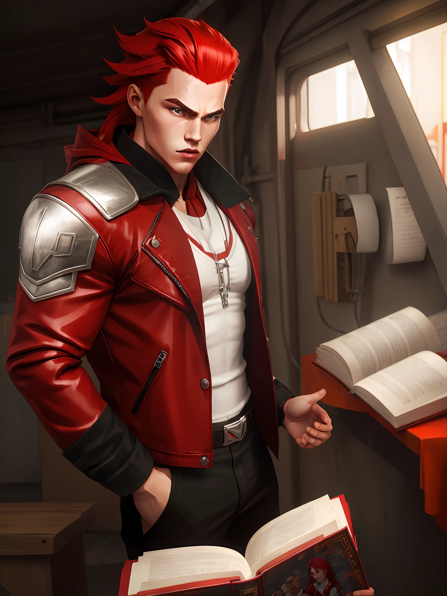 Young muscular and tall with red hair and silver eyes wearing a jacket and reading a manga