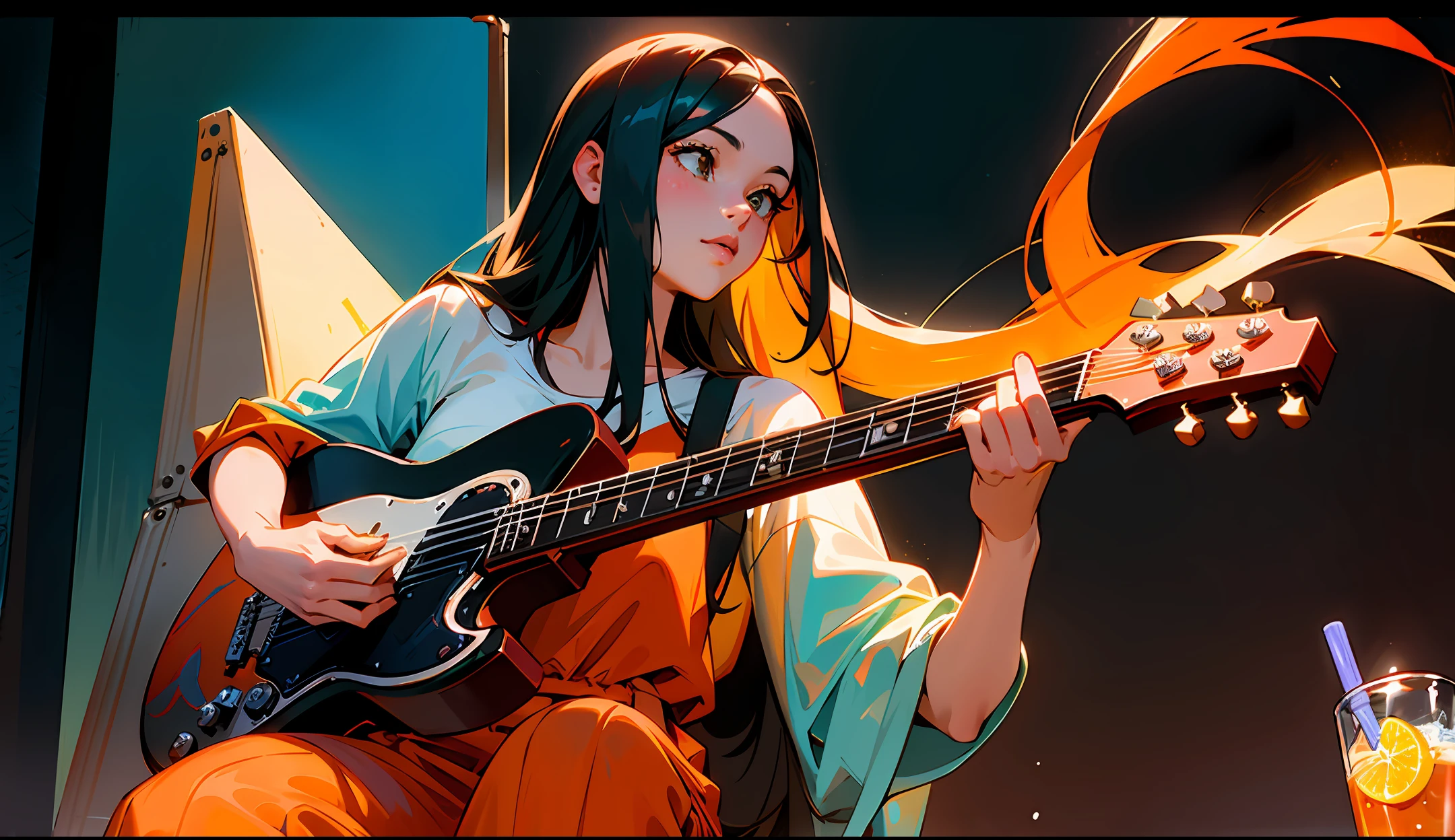 arafed girl with long hair playing a guitar and holding a bottle of orange soda, a hyperrealistic painting by Amelia Peláez, tumblr, hyperrealism, 🍸🍋, drinking a bottle of coca-cola, smooth in _ the background, young with long hair, performing a music video, playing the guitar, tommy 1 6 years old, holding a bottle