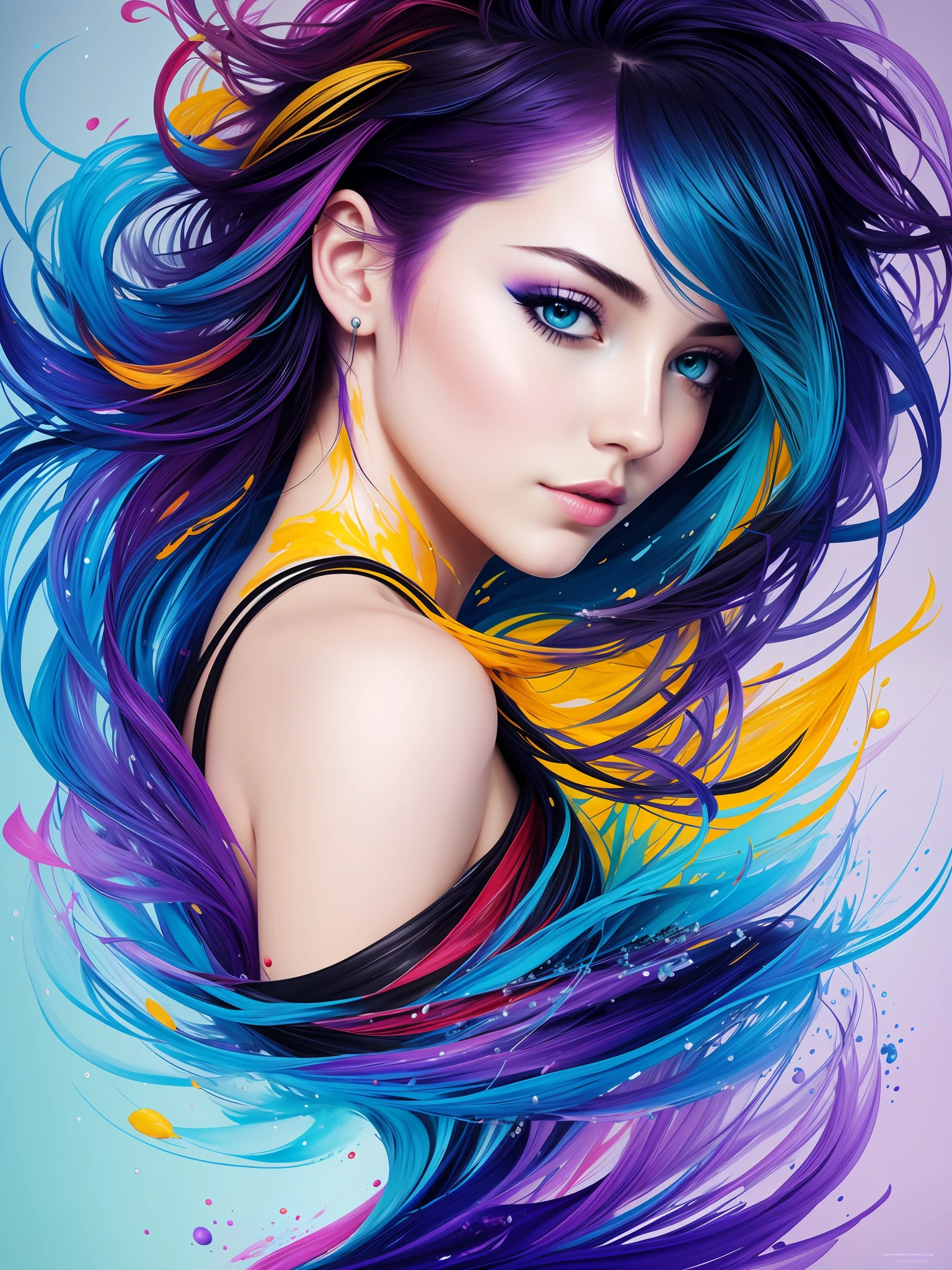 Colorful beautiful girl: a giru 28-years old, messy hair, oil painting, nice perfect face with soft skinice perfect face, blue yellow colors, light purple and violet additions, light red additions, intricate detail, splash screen, 8k resolution, masterpiece, cute face,artstation digital painting smooth veryBlack ink flow: 8k resolution photorealistic masterpiece: intricately detailed fluid gouache painting: by Jean Baptiste Mongue: calligraphy: acrylic: watercolor art, professional photography, natural lighting, volumetric lighting maximalist photoillustration: by marton bobzert:, complex, elegant, expansive, fantastical, wavy hair, vibrant, Best quality details, realistic, High definition, High quality texture, epic lighting, Cinematic film still, 8k, soft lighting, anime style, masterful playing card border, random Colorful art, oil painting, blue yellow colors, light purple and violet additions, light red additions, intricate detail, splash screen, 8k resolution, masterpiece, artstation digital painting smooth veryBlack ink flow: 8k resolution photorealistic masterpiece: intricately detailed fluid gouache painting: by Jean Baptiste Mongue: calligraphy: acrylic: watercolor art, professional photography, natural lighting, volumetric lighting maximalist photoillustration: by marton bobzert:, complex, elegant, expansive, fantastical, vibrant