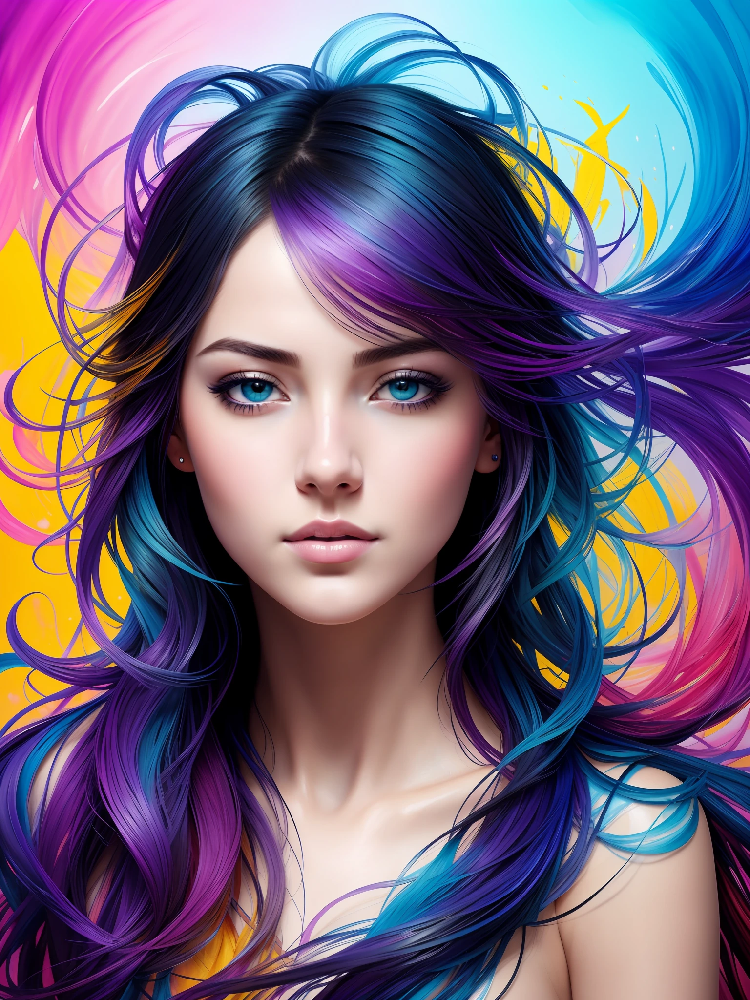 Colorful beautiful girl: a giru 28-years old, messy hair, oil painting, nice perfect face with soft skinice perfect face, blue yellow colors, light purple and violet additions, light red additions, intricate detail, splash screen, 8k resolution, masterpiece, cute face,artstation digital painting smooth veryBlack ink flow: 8k resolution photorealistic masterpiece: intricately detailed fluid gouache painting: by Jean Baptiste Mongue: calligraphy: acrylic: watercolor art, professional photography, natural lighting, volumetric lighting maximalist photoillustration: by marton bobzert:, complex, elegant, expansive, fantastical, wavy hair, vibrant, Best quality details, realistic, High definition, High quality texture, epic lighting, Cinematic film still, 8k, soft lighting, anime style, masterful playing card border, random Colorful art, oil painting, blue yellow colors, light purple and violet additions, light red additions, intricate detail, splash screen, 8k resolution, masterpiece, artstation digital painting smooth veryBlack ink flow: 8k resolution photorealistic masterpiece: intricately detailed fluid gouache painting: by Jean Baptiste Mongue: calligraphy: acrylic: watercolor art, professional photography, natural lighting, volumetric lighting maximalist photoillustration: by marton bobzert:, complex, elegant, expansive, fantastical, vibrant