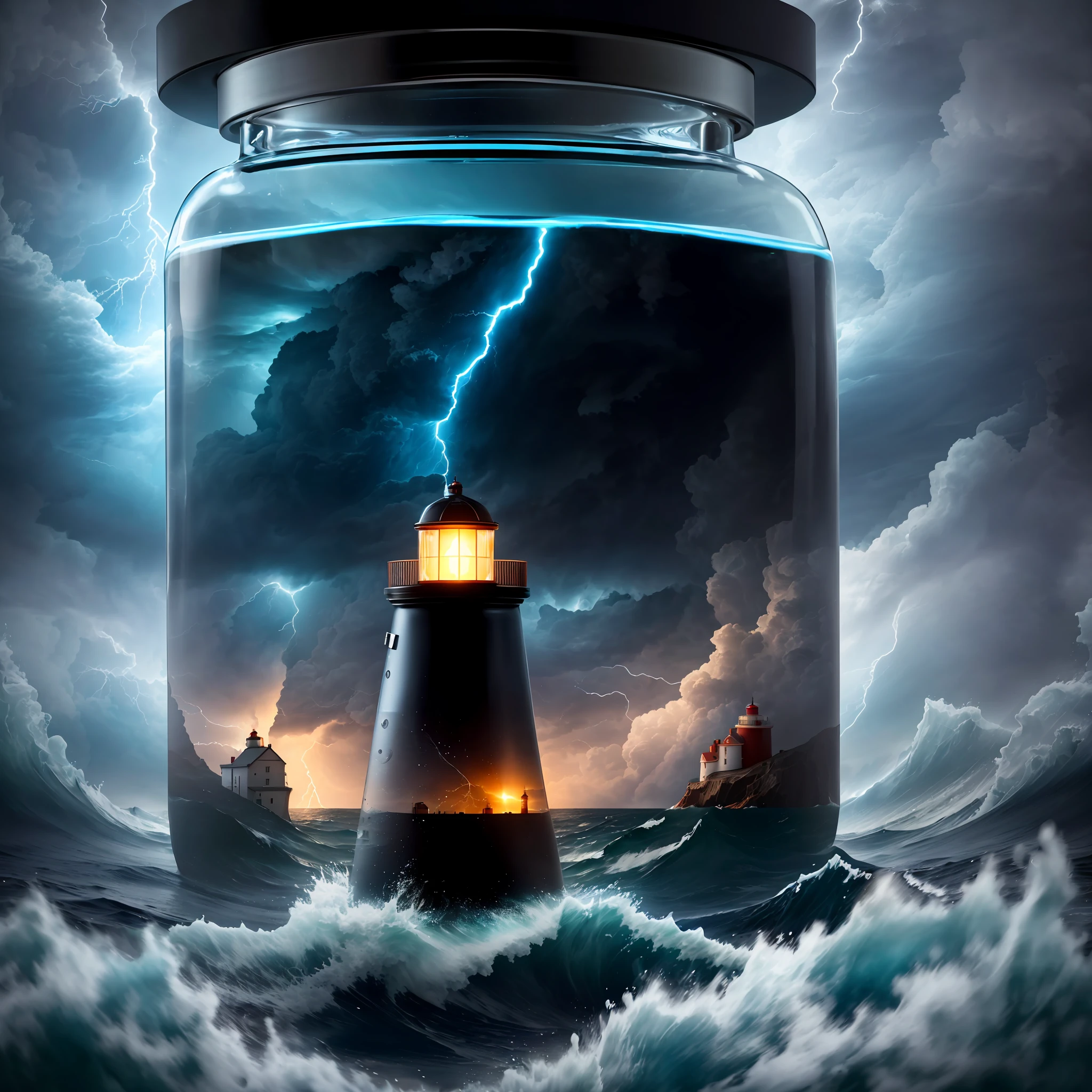 Split wide-angle photograph of a lighthouse inside a bottle in the ocean, full borrle, stormy sea hitting the bottle, electrifying storm sky, hyperrealistic, photo prize, 8k