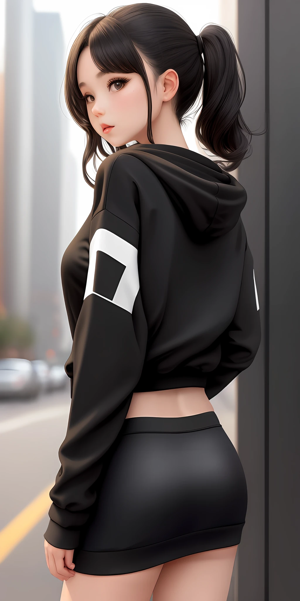 One, woman, back looking back sweatshirt, black, mini skirt,